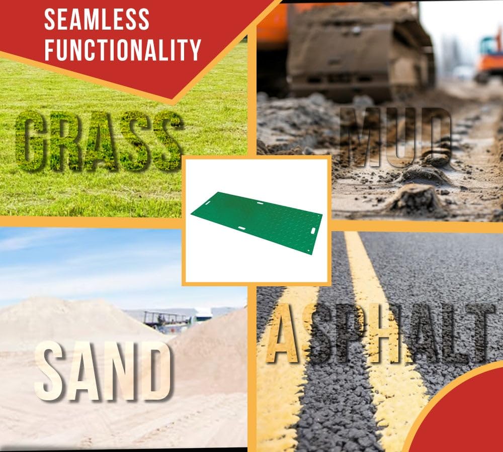 Mytee Products 12 Pk 4' x 8' - 1/2" Thick Heavy Duty Green Ground Protection Mats with Diamond Plated Tread - Easily Supports 120 Ton Loads - HDPE Construction Mat for Equipment Lawns Landscapers
