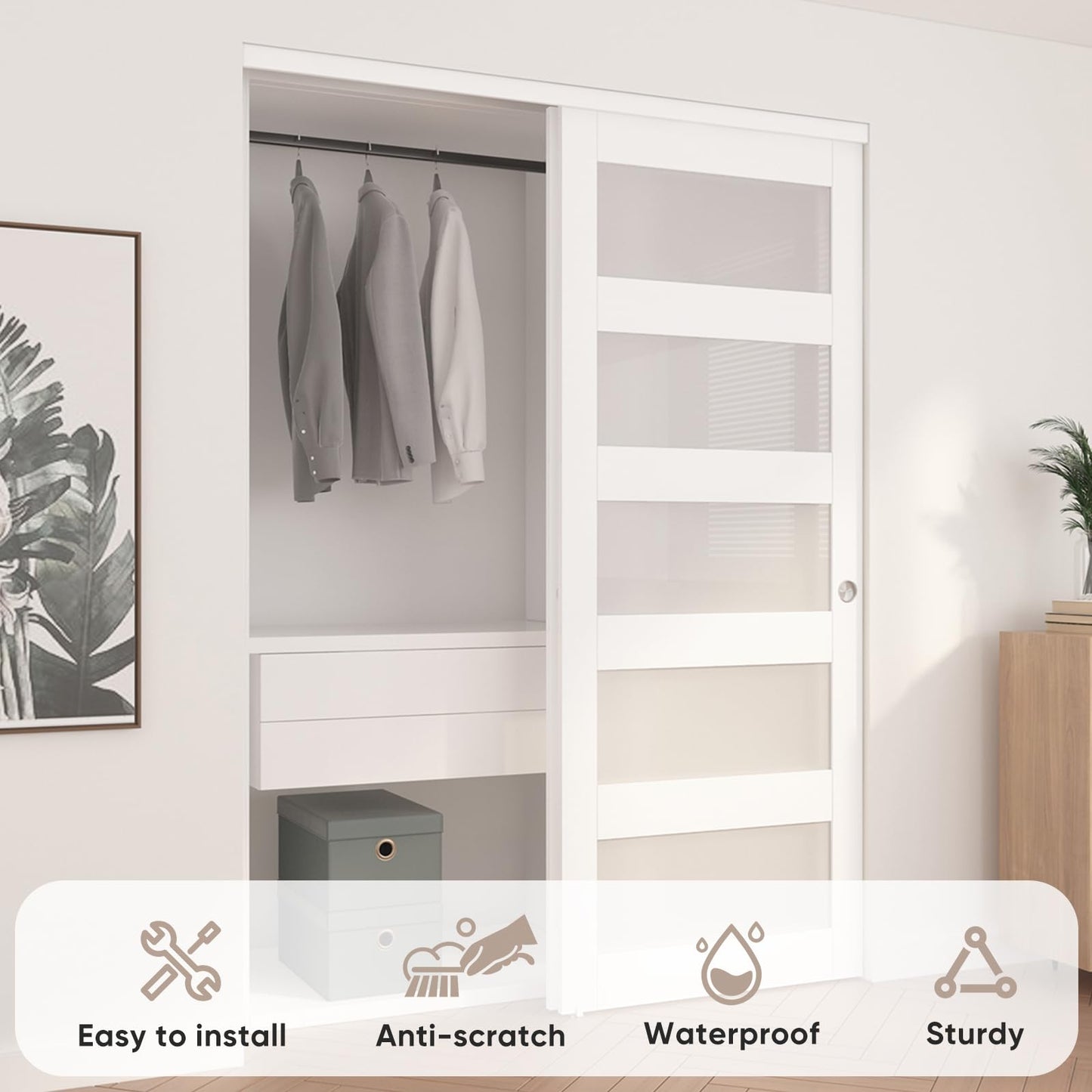 JUBEST Sliding Closet Door 60"(Double 31") x 80", 5-Lite Frosted Glass Bypass Door with Hardware Kit & Matching Fascia, Pre-Drilled Solid Wood Slab with Water-Proof PVC Surface, Easy to Install, White