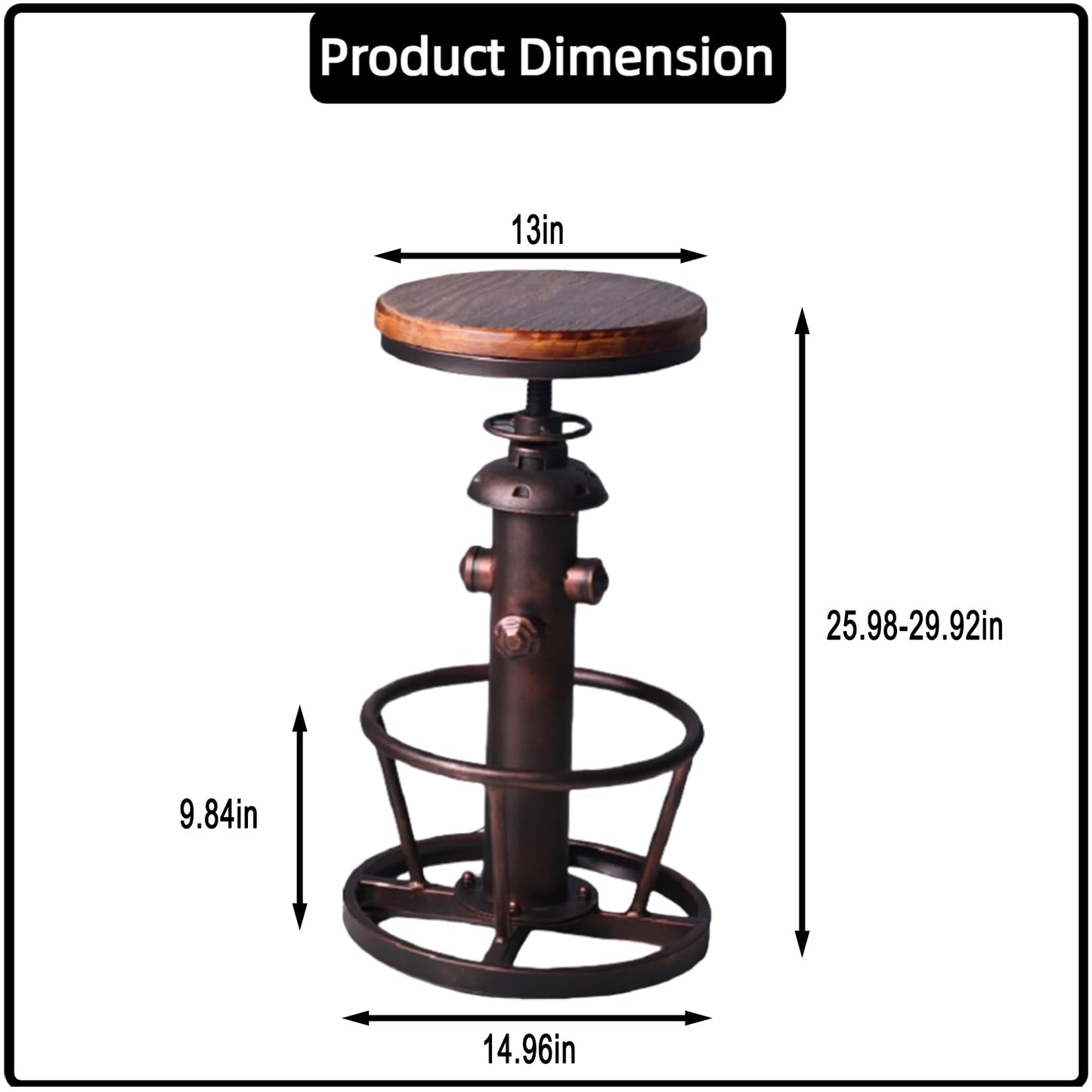BOKKOLIK Vintage Swivel Bar Stool Industrial Coffee Kitchen Dining Chair Fire Hydrant Design Height Adjustable 24.8-30.7inch Solid Wooden Seat