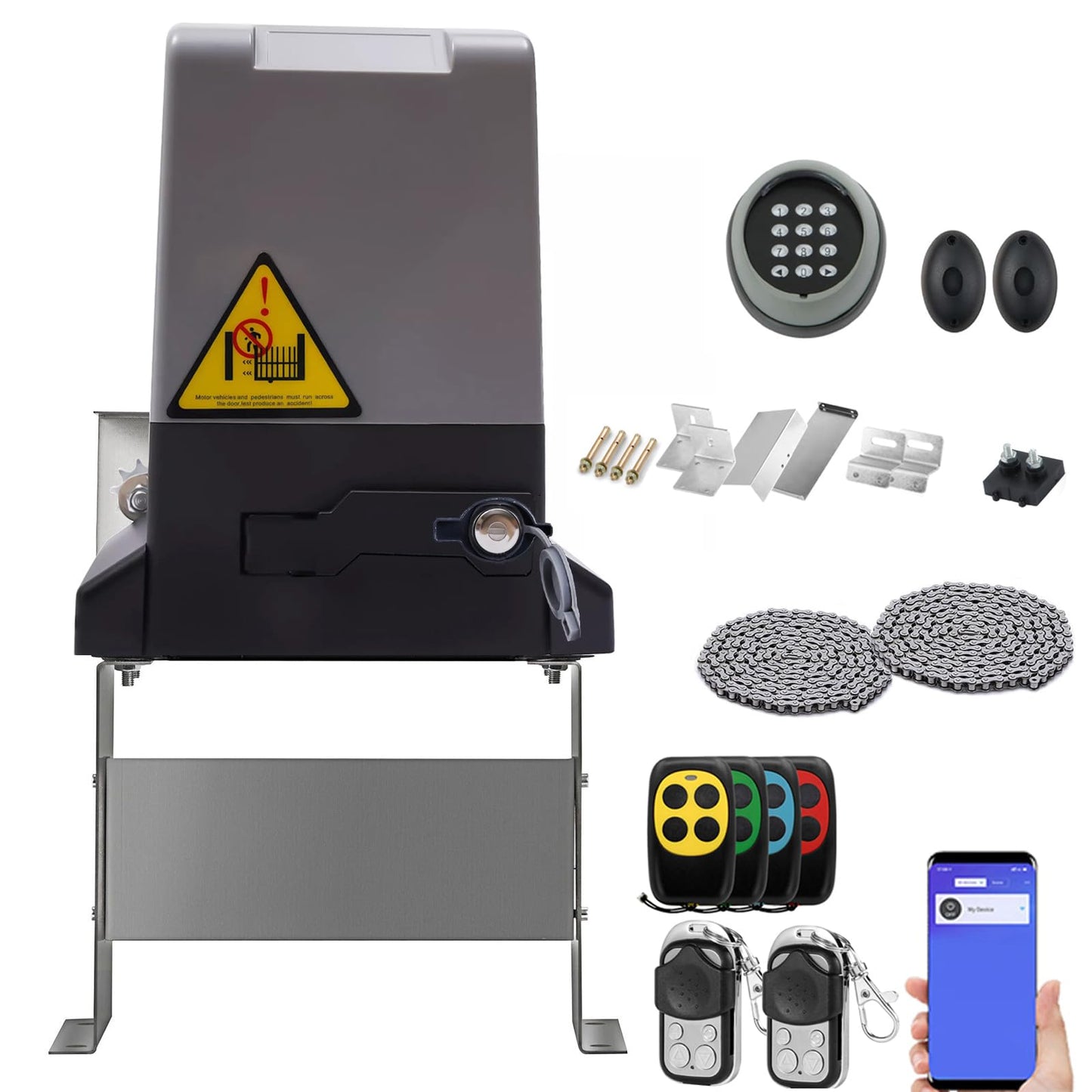 ASGO 3300lb Automatic Sliding Gate Opener APP Control with 6 Remote, Driveway Electric Slide Gates Operator Motor Complete Kit, 20ft Driven Chain/IR Secure Sensor/Keypad