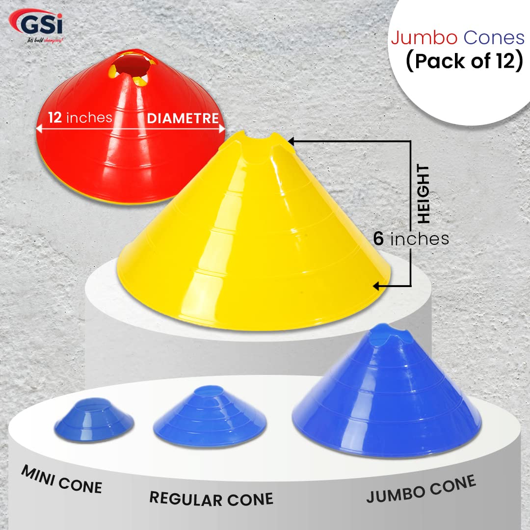 GSi Jumbo Soccer Cones - 12 Pack | High Visibility | Convertible Cone/Hurdle | Carry Strap Included | for Sports Training Drills