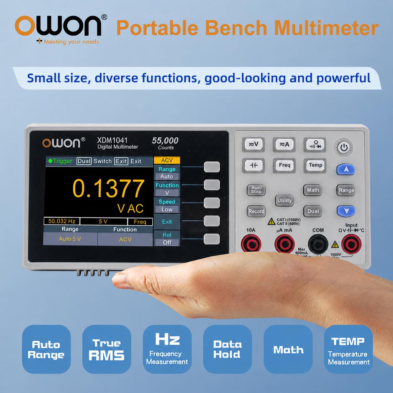 OWON XDM1041 Bench Desktop Digital Multimeter, 55000 Counts True RMS 1000V AC/DC 10A Multi Tester, 3.5-inch LCD, Temperature Test for Lab, Factory, Instrument Maintenance