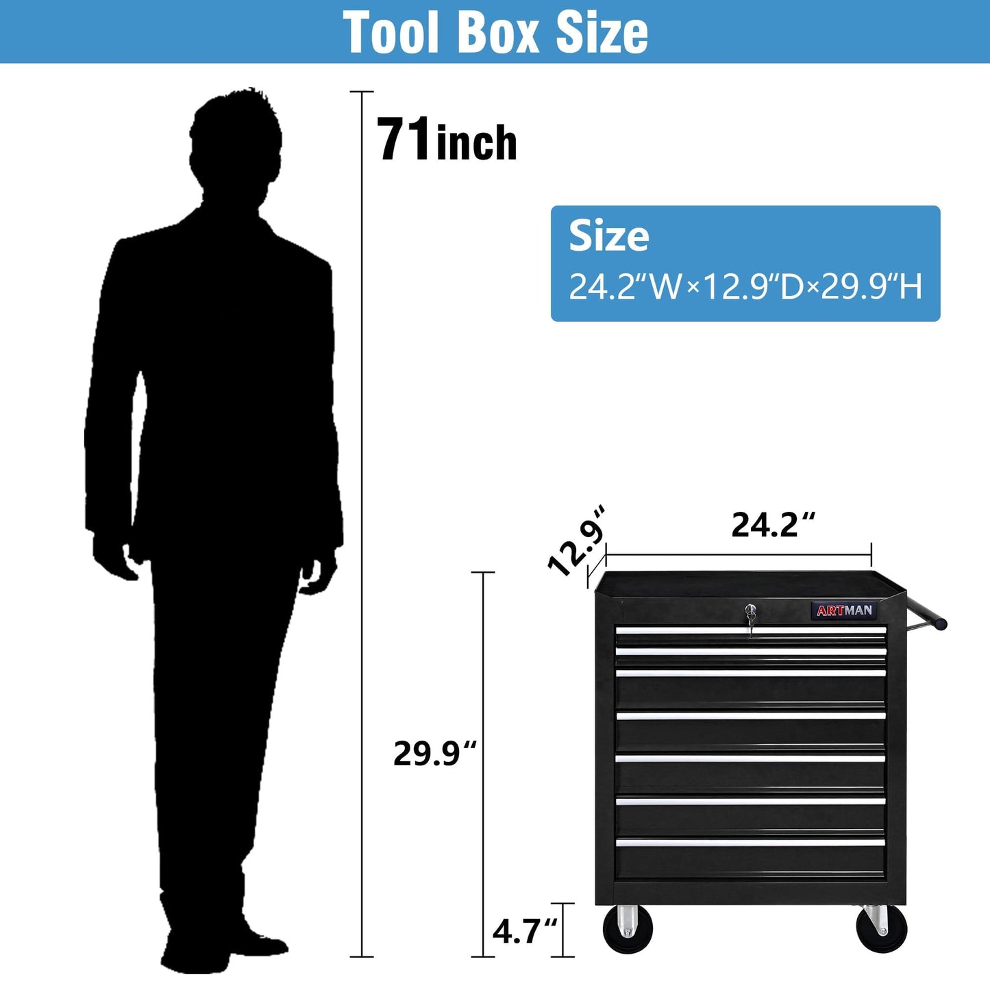 nifoti 7 Drawers Rolling Tool Cart on Wheels, Multifunctional Organizer Tool Chest Tool Case, Trolley Tool Storage Tool Box for Workshop,Garage,Repair Shop (7 Drawers 24.2" W×12.9" D×29.9" H-Black)