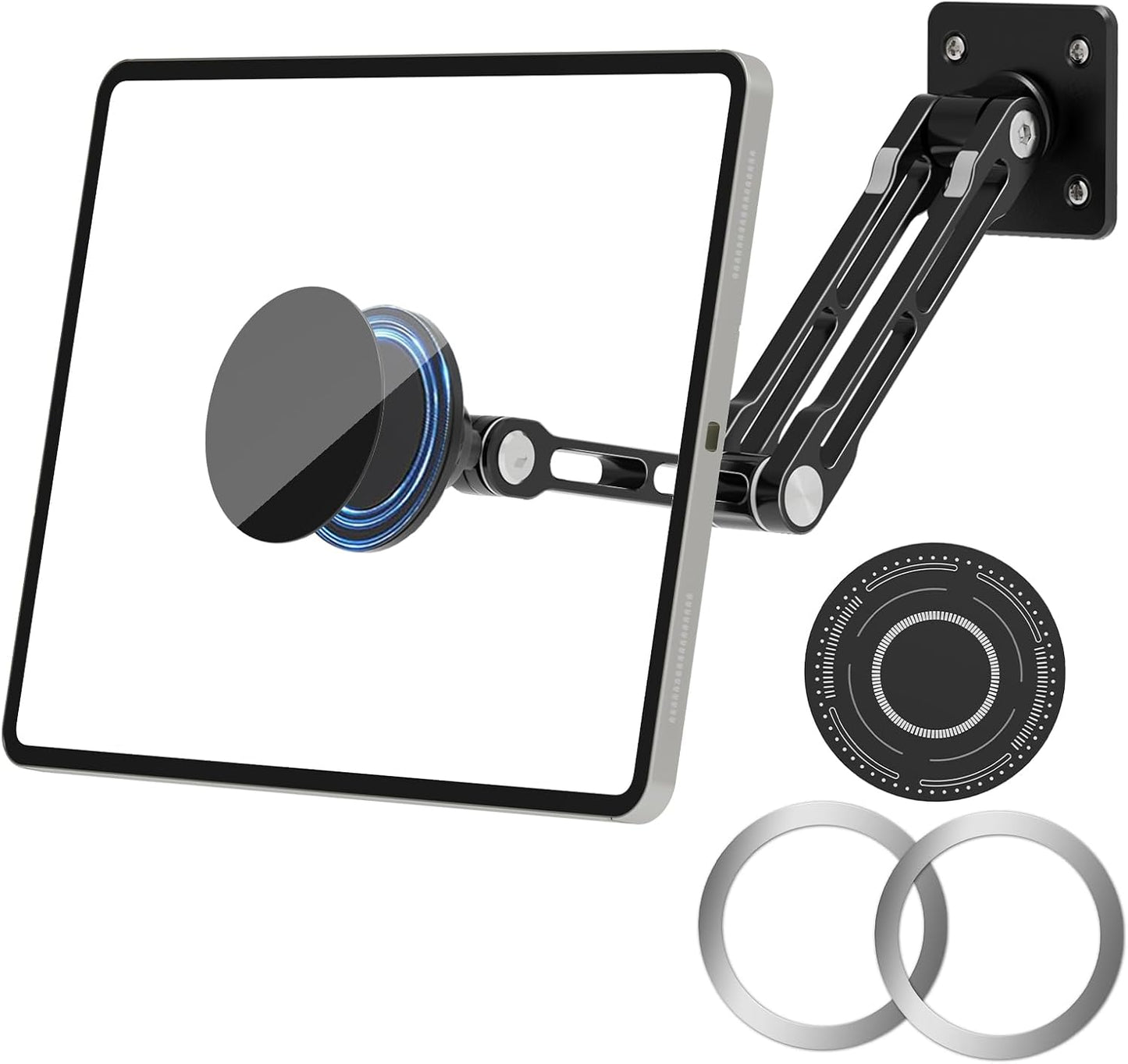 JUBOR 360 4.7-13" Magnetic Tablet Wall Mount, Rotating Alloy Steel Stand with MagSafe & Metal Ring, Foldable Arm