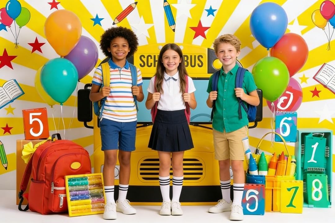 Kate Backpack Props,7x5ft Back to School School Bus Balloons Crayons Backdrop Photo Background Studio