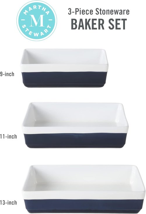 Martha Stewart 3-Piece Stoneware Bakeware Set - Durable Cobalt Blue Baking Dish & Casserole Set