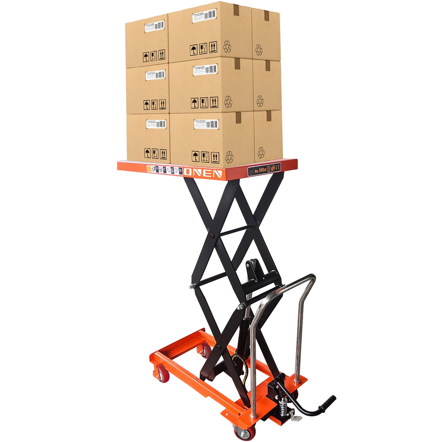 ONEN Hydraulic Scissor X-Frame Lift 1102 LBS Lifting Capacity, 59 in Lifting Height, Manual Scissor Lift Table with 4 Lockable Wheels & Foot Pump, Elevating Hydraulic Cart for Material Handling