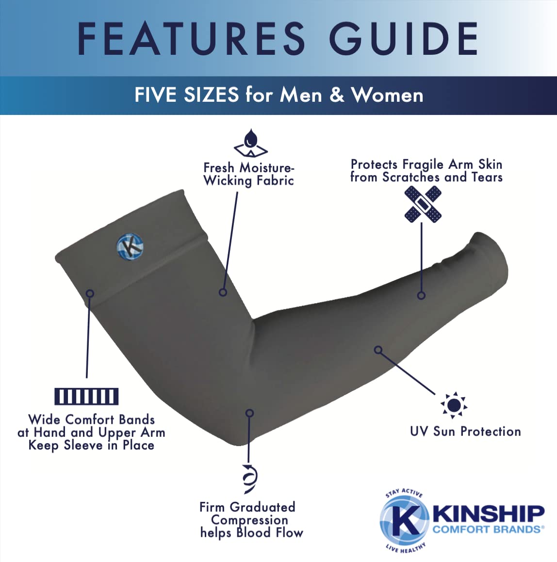 Kinship Comfort Brands Arm Compression Sleeves for Men and Women, Athletic, Sports, Muscle, Joint, Elbow Support, 1 Pair