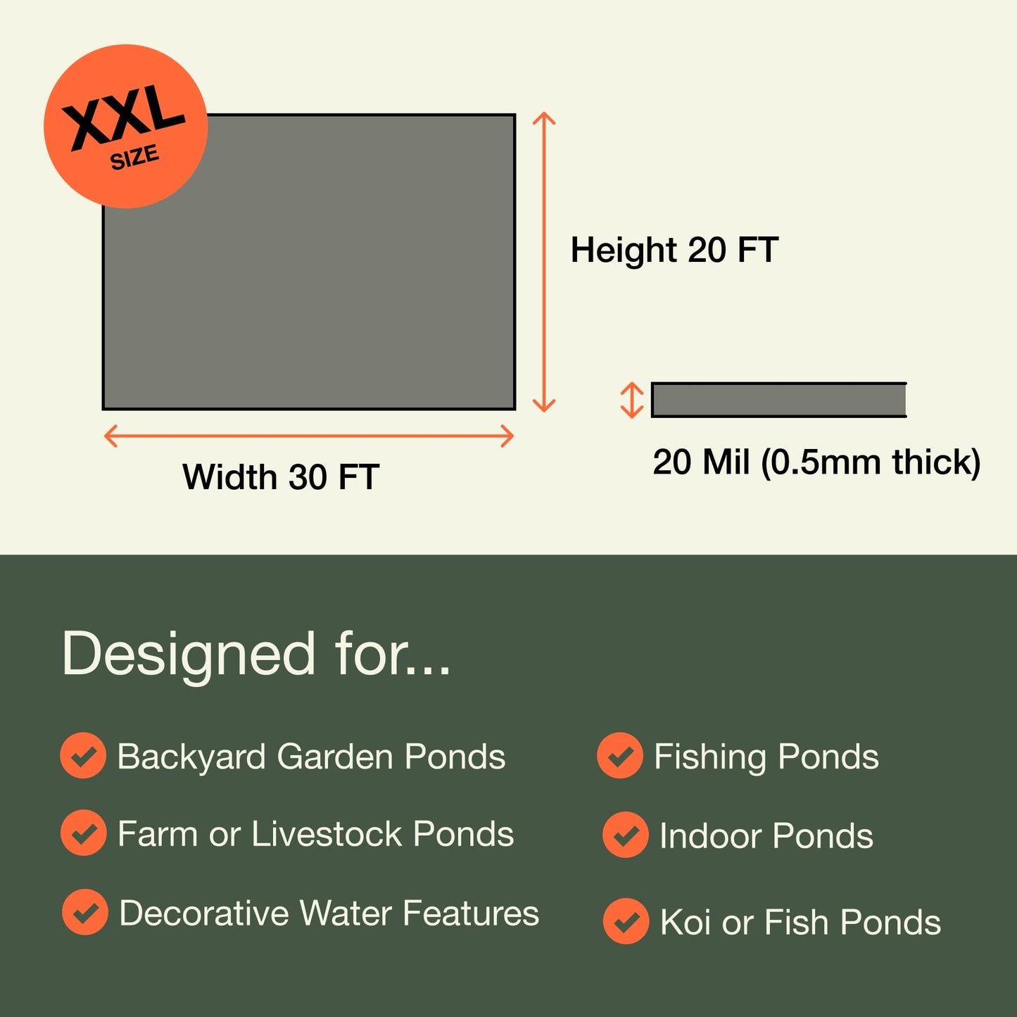 MAPORCH Pond Liner for Outdoor Ponds - Heavy Duty Koi Fish Pool Liner - 16.5 x 26.5 ft, HDPE 20 Mil - UV Resistant Waterproof Underlayment