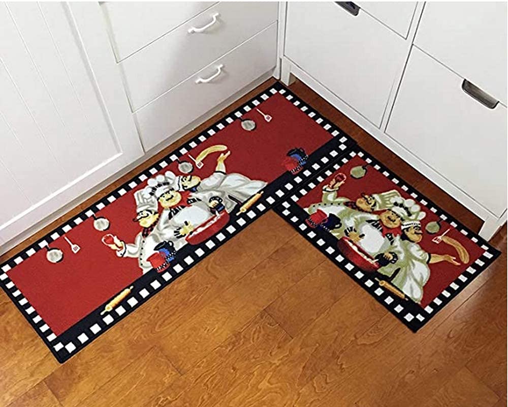 EUCH 2 Piece Kitchen Mat Rubber Backing Carpet Doormat Runner Bathroom Rug Set,17"x47"+17"x23" (Big Three Chef)