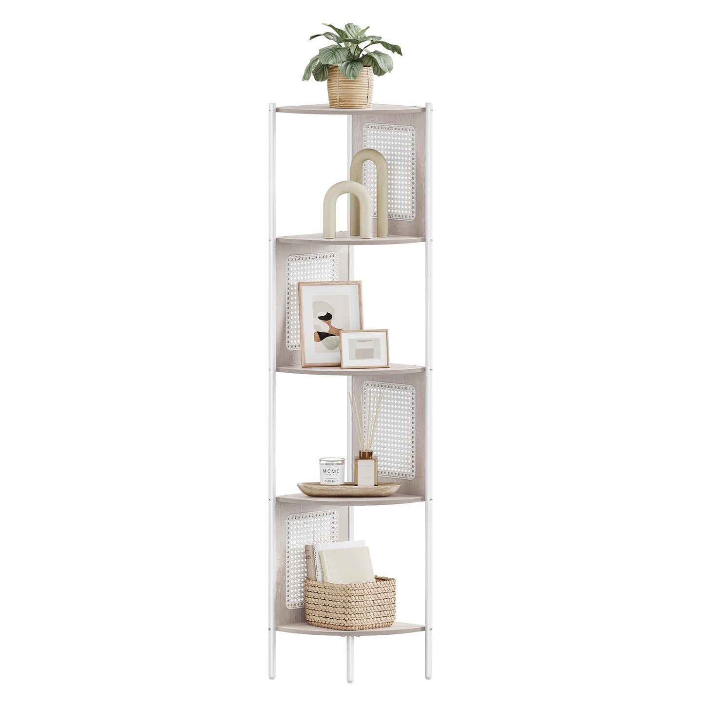 VASAGLE 5-Tier Corner Shelf Stand, Boho Corner Bookshelf with Polyrattan Sides, Plant Stand for Living Room Bedroom Study Kitchen, Oatmeal Beige ULLS588K66