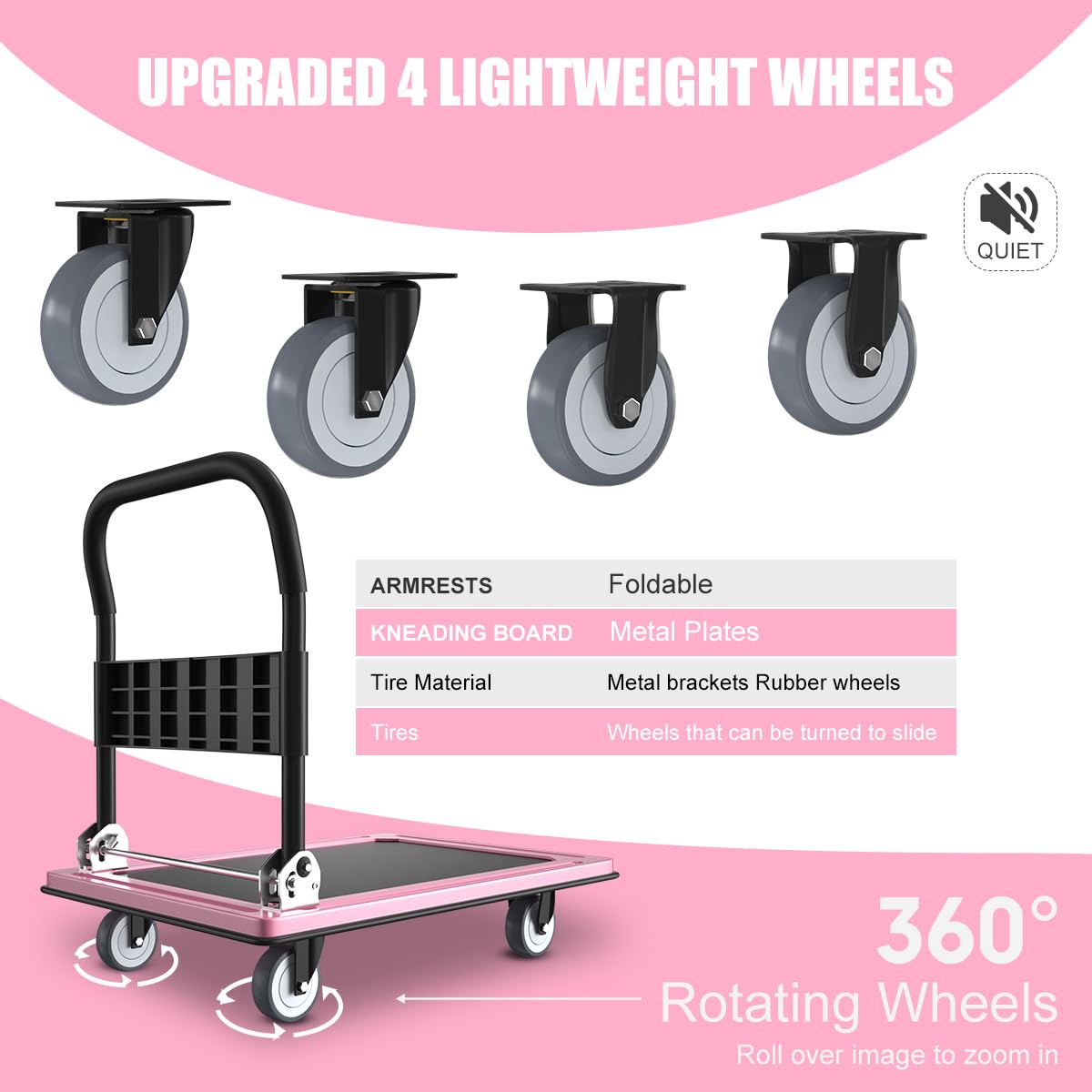 WUD Push Cart, Folding Mobile Platform Trolley,Thickened and Reinforced, 360° Swivel Wheels,35.4 “L x 23.6 ”W, 1100 lb. Pink Dolly cart with Wheels (Pink, Large)