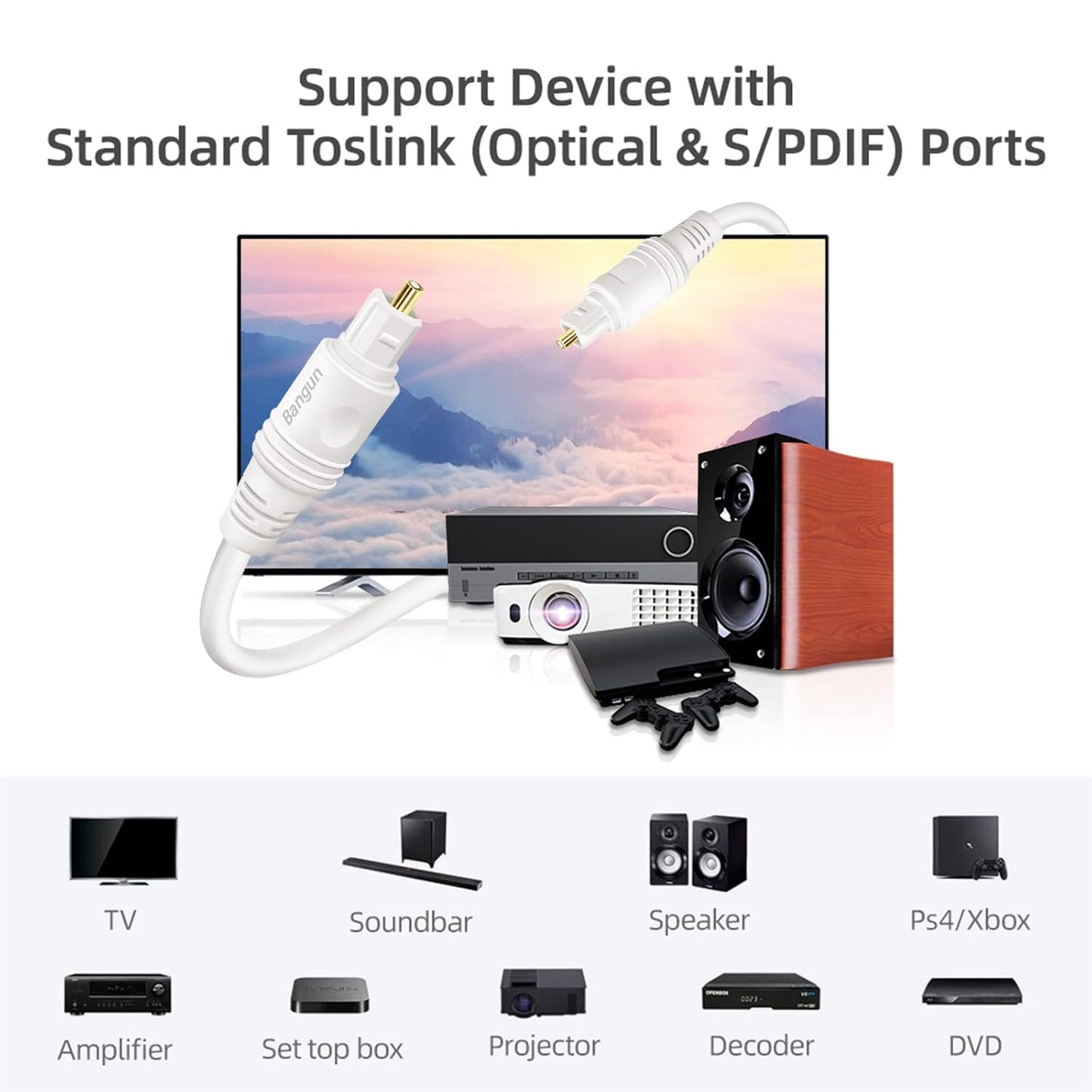 15 Bar/TV/PS4/Xbox/Home Slim White Optical Audio Cable feet, Digital Toslink Fiber Optic Audio Cord, Optical Sound