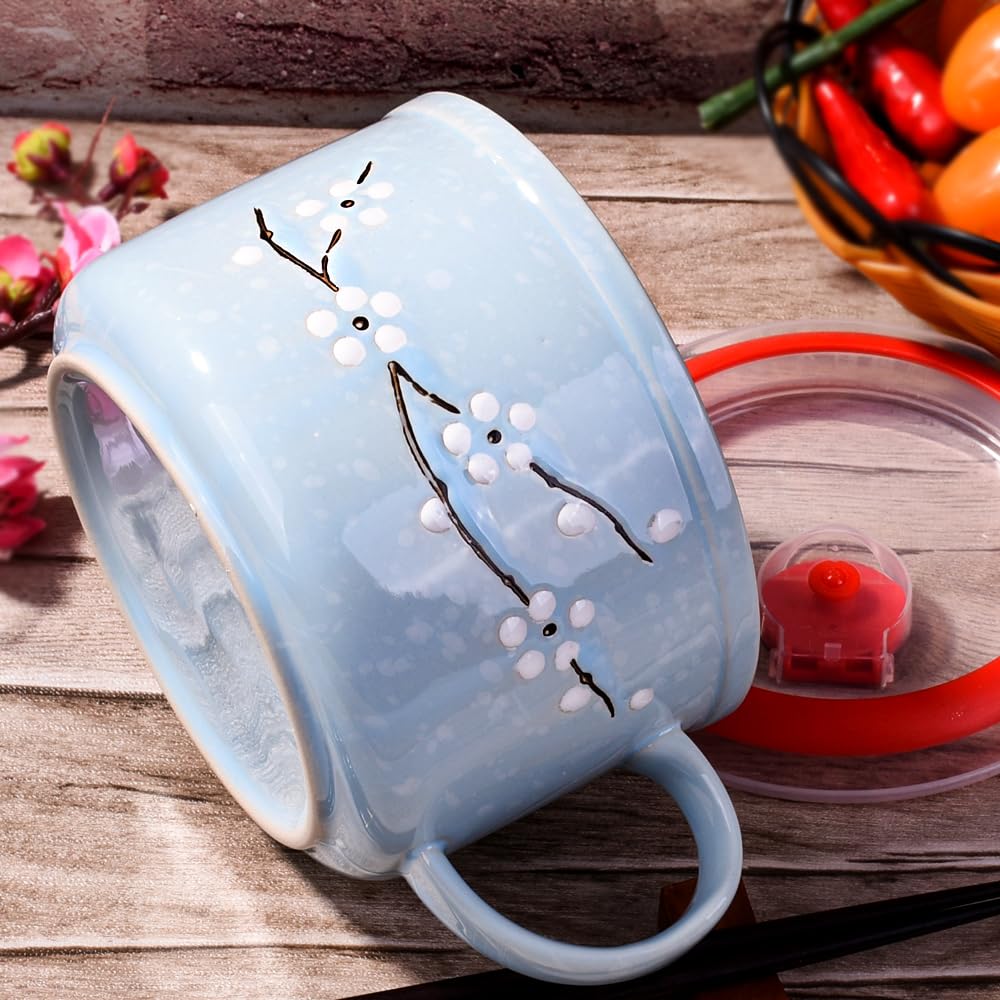 Whitenesser Asian Porcelain Noodle Bowls with Lid Japanese Style Microwavable Ceramic Ramen Bowl with Lid (Blue)