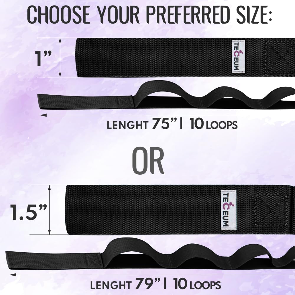 TECEUM Stretching Strap for Yoga & Physical Therapy – 10 Loops – Non-Elastic Leg Stretch Straps for Stretching, Exercising, Pilates, Post-Injury Rehabilitation for All Levels – Men & Women