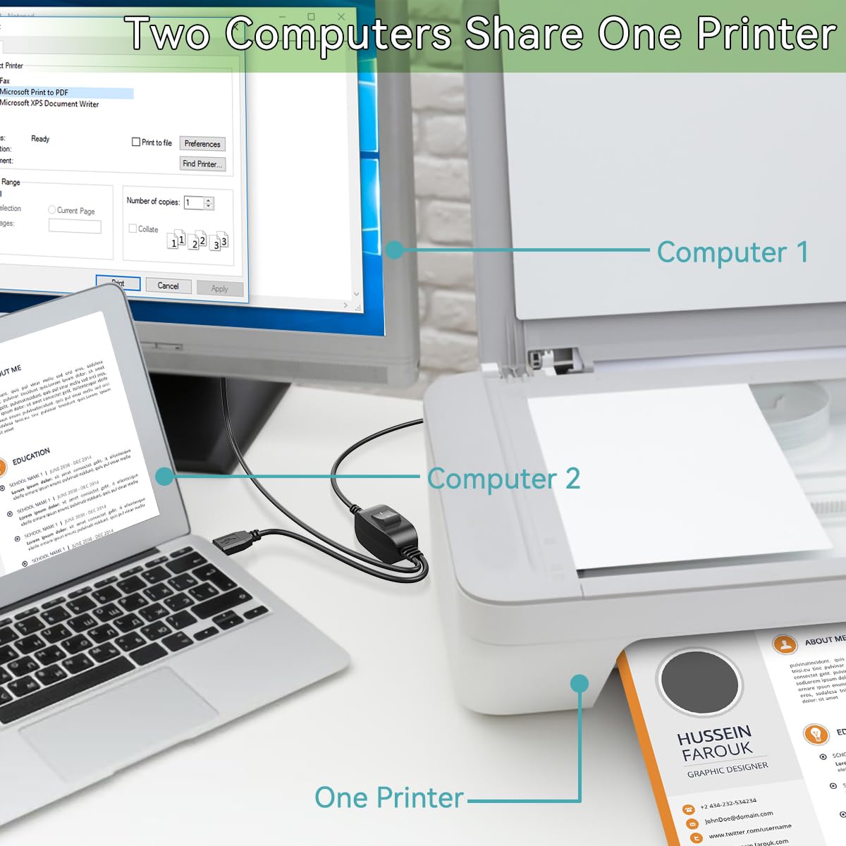 5FT Dual Computer Printer Cable Splitter - USB B to A for Inkless Printers & Scanners