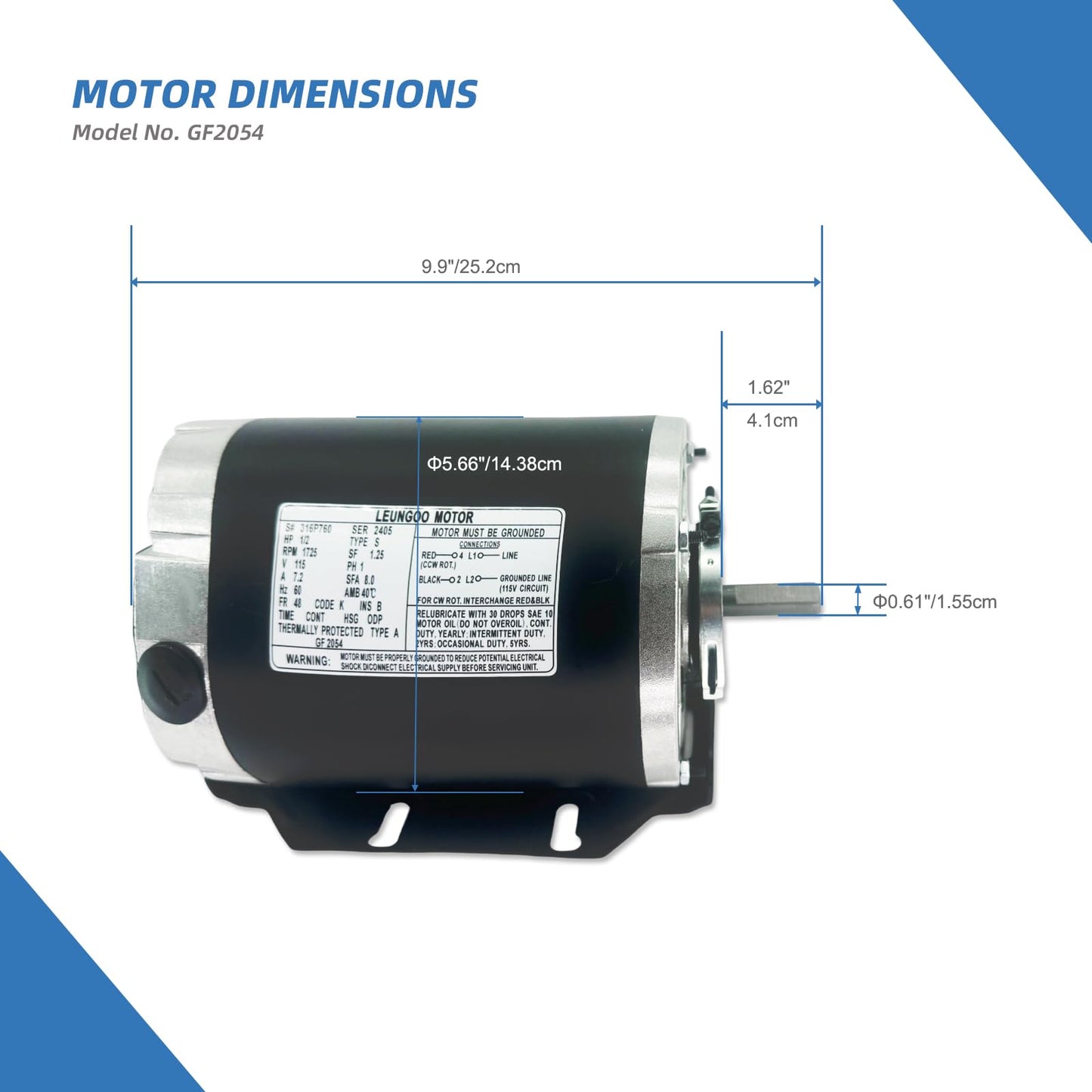 GF2054 Blower Motor 1/2 HP 115 Volt 60Hz 1725RPM 48 Frame Compatible with AO Smith, Packard 45012, Emerson 8200, GE BF-4708, Universal 811, BALDOR RSP3451A, Dayton 4UE85, Belt Drive ODP Leungoo