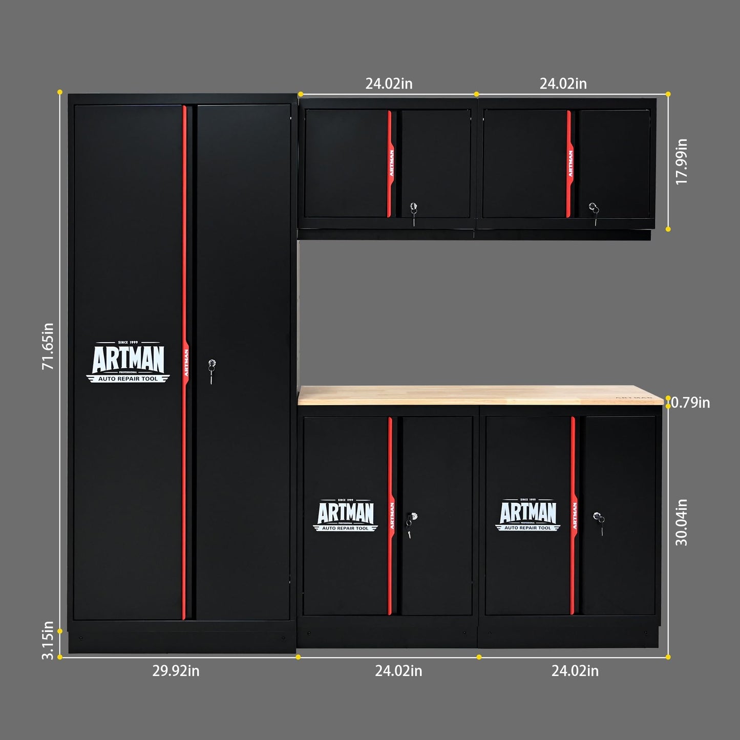 S.Walt Pre-Assembled Garage Storage Cabinet System, No Assembly Required, 6-Piece Workshop Cabinet Set in Black & Red with LED Lights, Wood Worktop, Key Locks, Adjustable Doors and Legs