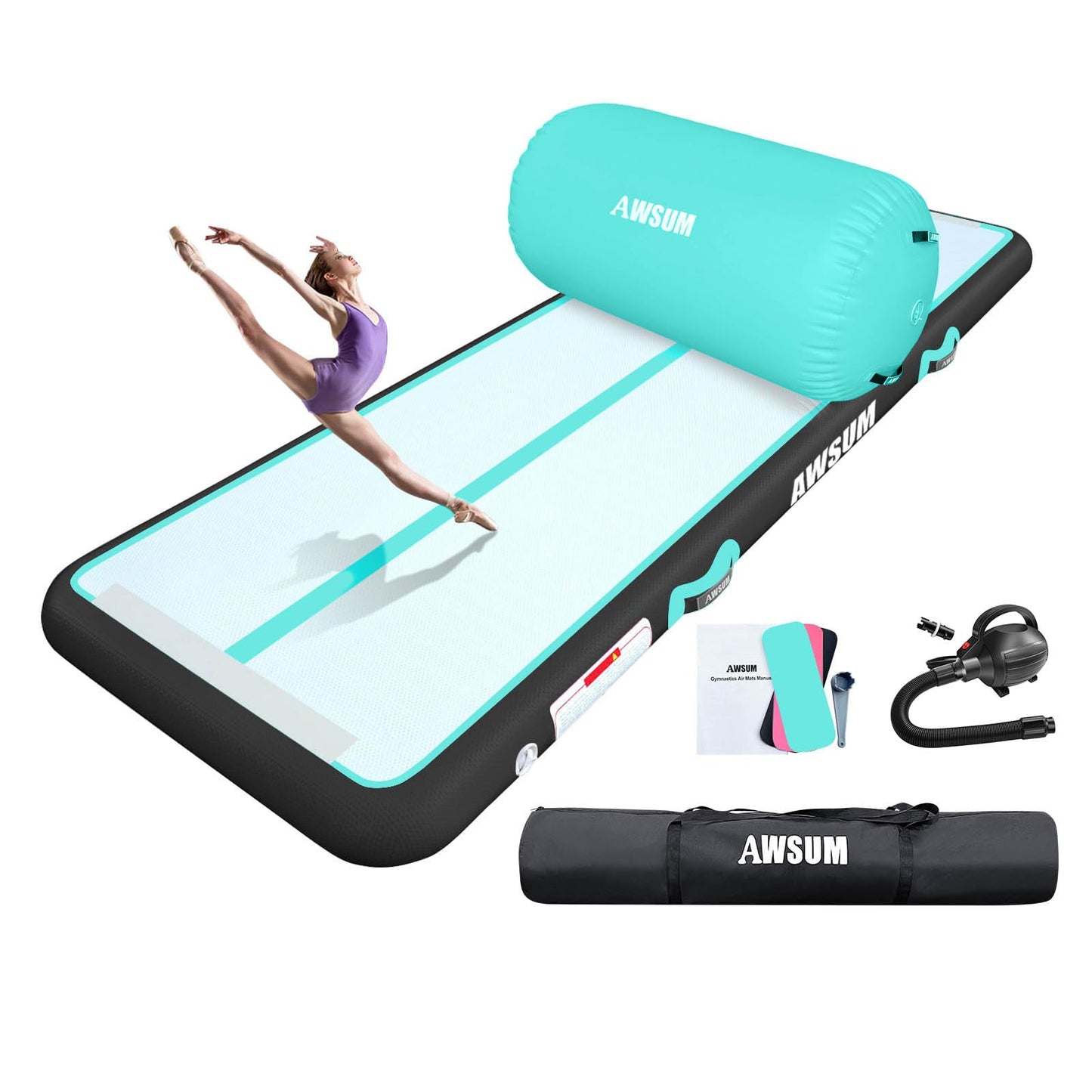 AWSUM 10ft Gymnastics Mat with Air Roller Tumbling Barrel Back Somersault Backbend Trainer for Inflatable Gymnastics Springboard Back Handspring Equipment, with Electric Pump
