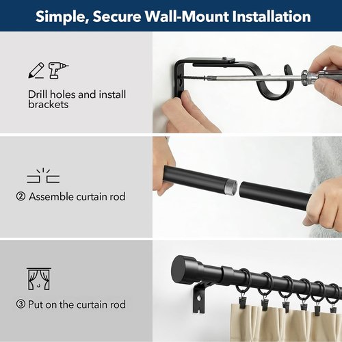 IFELS Heavy Duty Curtain Rod - Adjustable 66 to 120 Inch Black Drapery Rod with Modern Design & Easy Installation