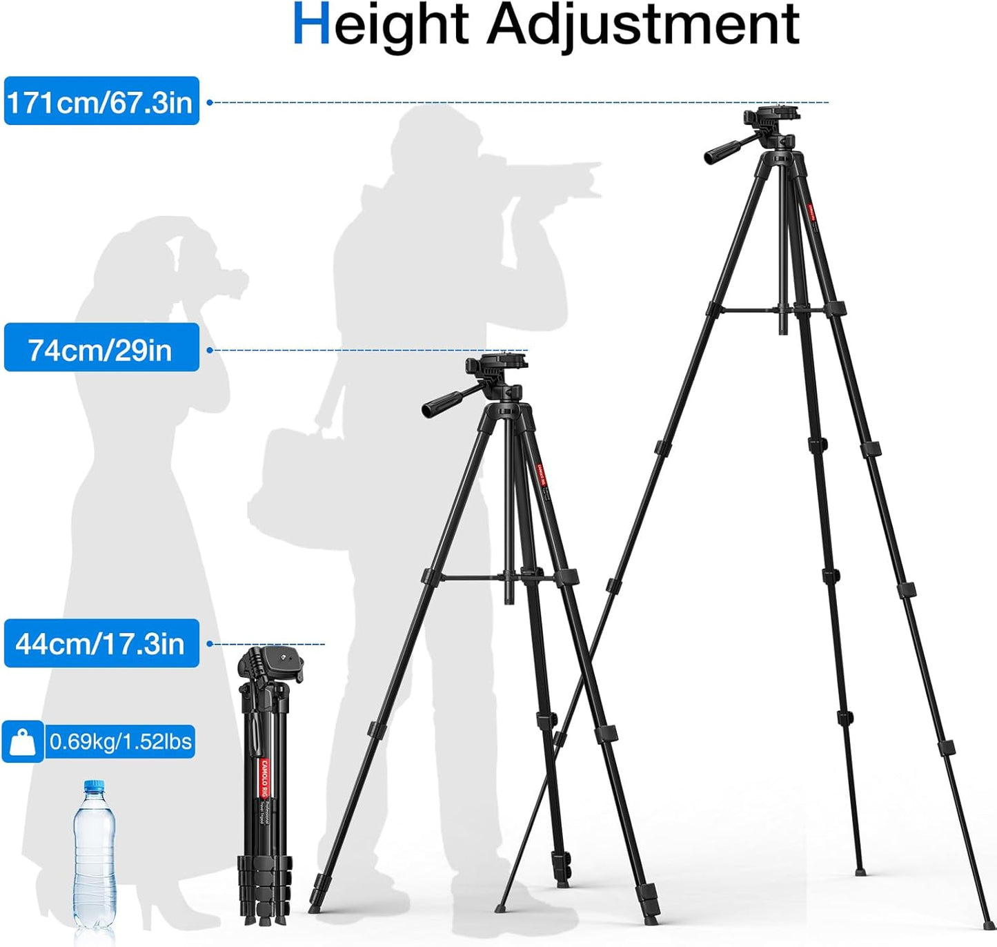 CAMOLO RIG 17-67.3 Inch Camera Tripod with Phone Holder, Camera Tripod Adjustable Height, Cold-Shoe Mount, Carrying Bag