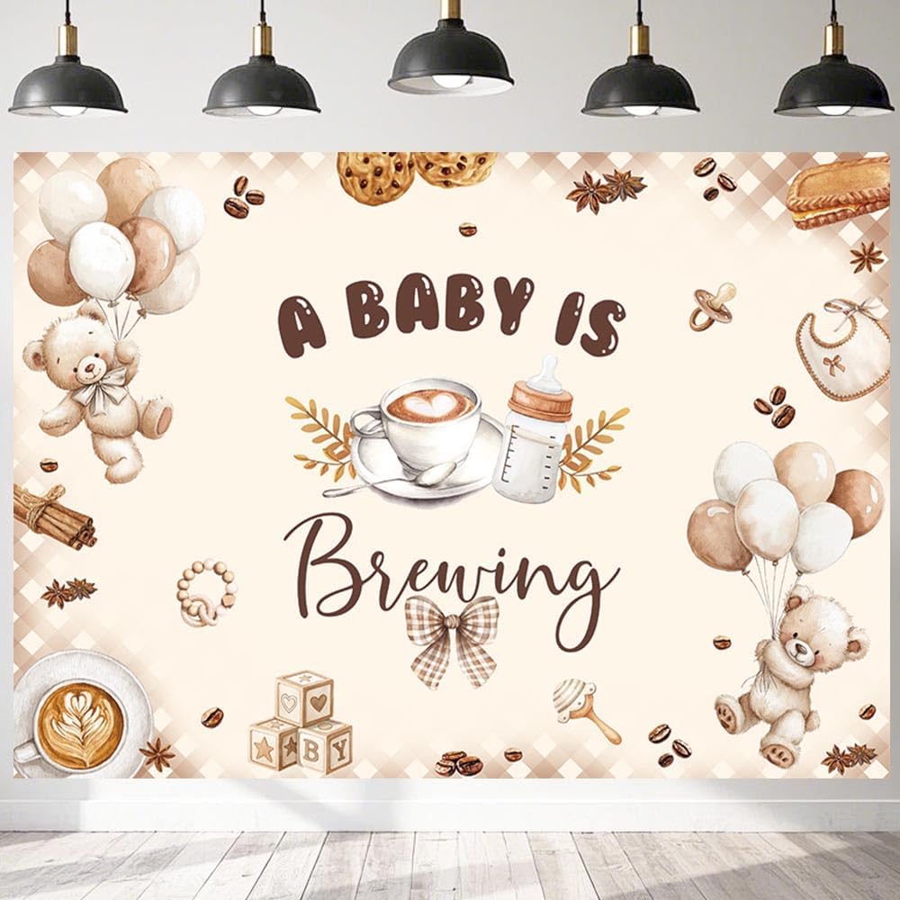 Generic 10x7ft A Baby is Brewing Baby Shower Backdrop Brown Coffee Baking Theme Cute Bear Background Feeding Bottle