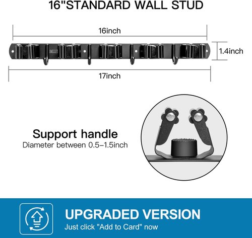IMILLET Wall Mounted Broom and Mop Holder - Heavy Duty Stainless Steel Organizer | 2 Pack with 5 Racks & 4 Hooks