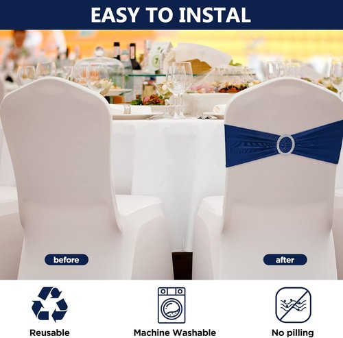 CHENGU Spandex Stretch Chair Sashes - 150 Elastic Covers with Buckle Slider for Weddings & Events | Dark Blue