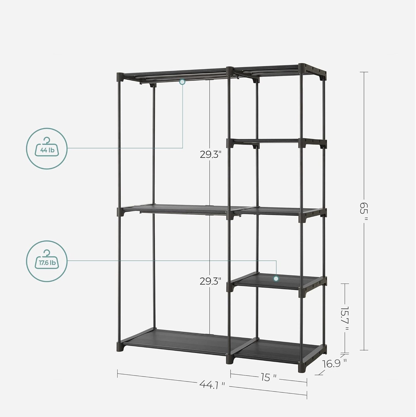 SONGMICS Portable Closet - Freestanding Clothes Organizer with Shelves & Hanging Rods | Black, 44.1 x 16.9 x 65 Inches