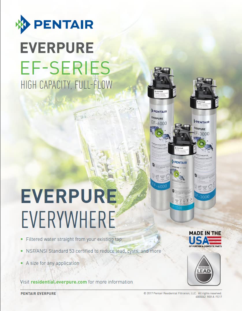 Pentair Everpure EF-1500 Full Flow Drinking Water System, EV985800, NSF Certified to Reduce Lead, Includes Filter Head, Cartridge, and All Hardware, 1,500 Gallon Capacity, 0.5 Micron