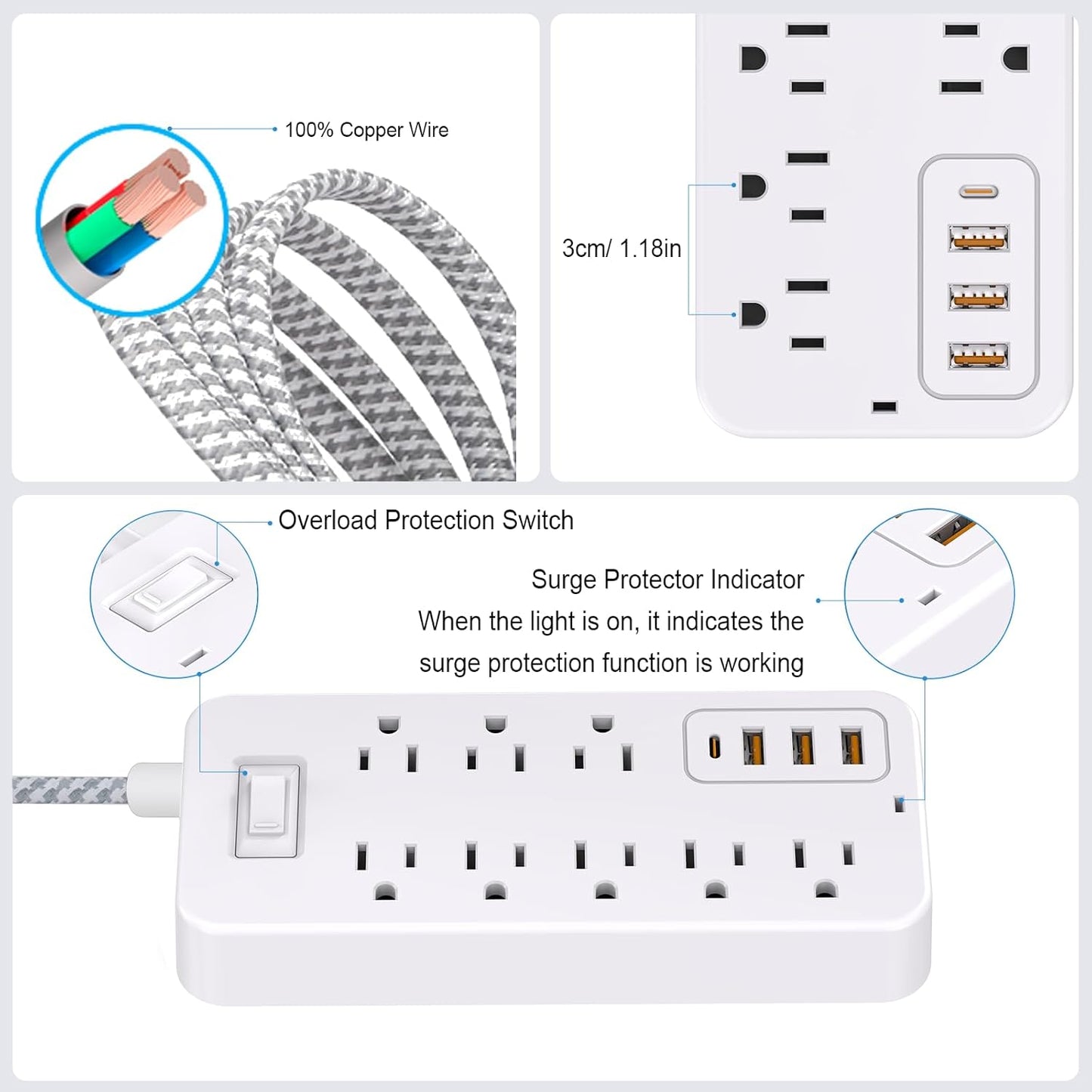 Roopersnake 8 4 Ports(1 Bluetooth Portable Speakers Extension Cord Surge Protector Power Strip - Flat Plug Braided