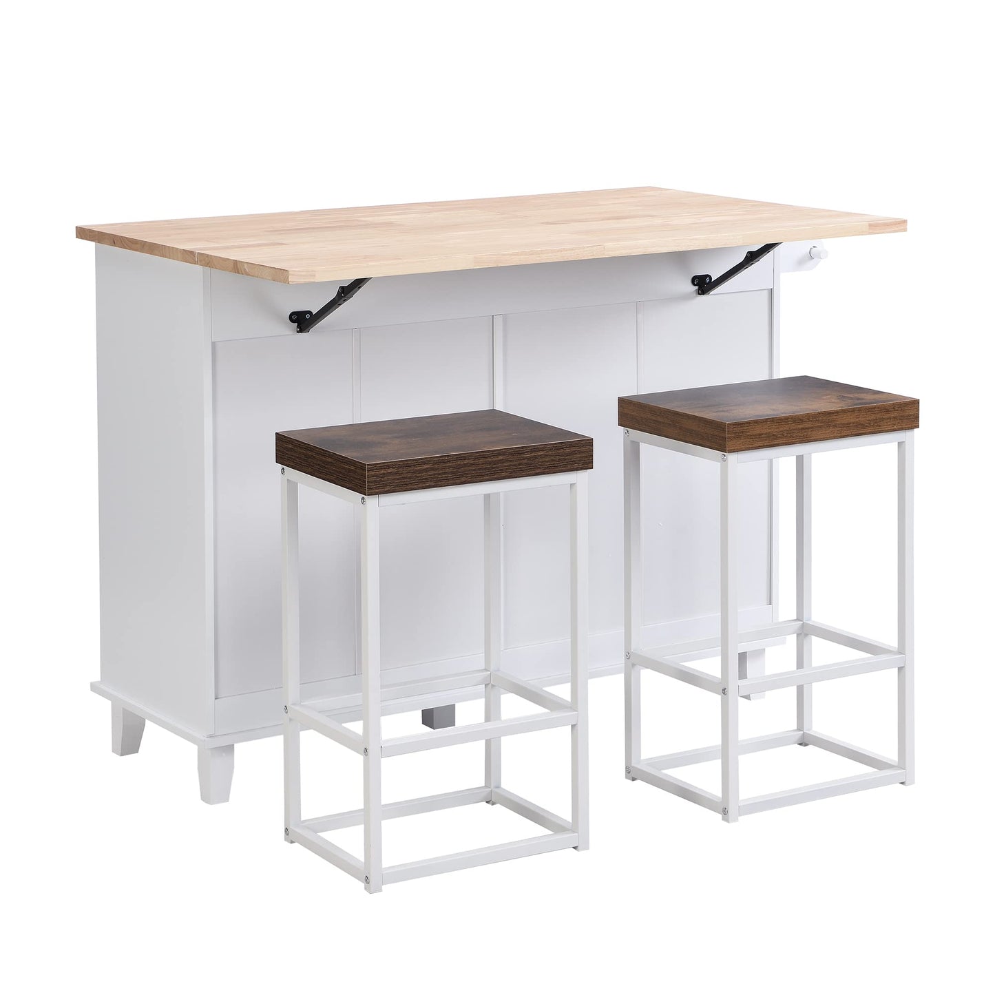 Bellemave 3 Piece Kitchen Bar Table Set Kitchen Island Set with 2 Stools and Drop Leaf, Island Table Set with Seating, Storage Cabinet, Drawers and Towel Rack (White+Rustic Brown)