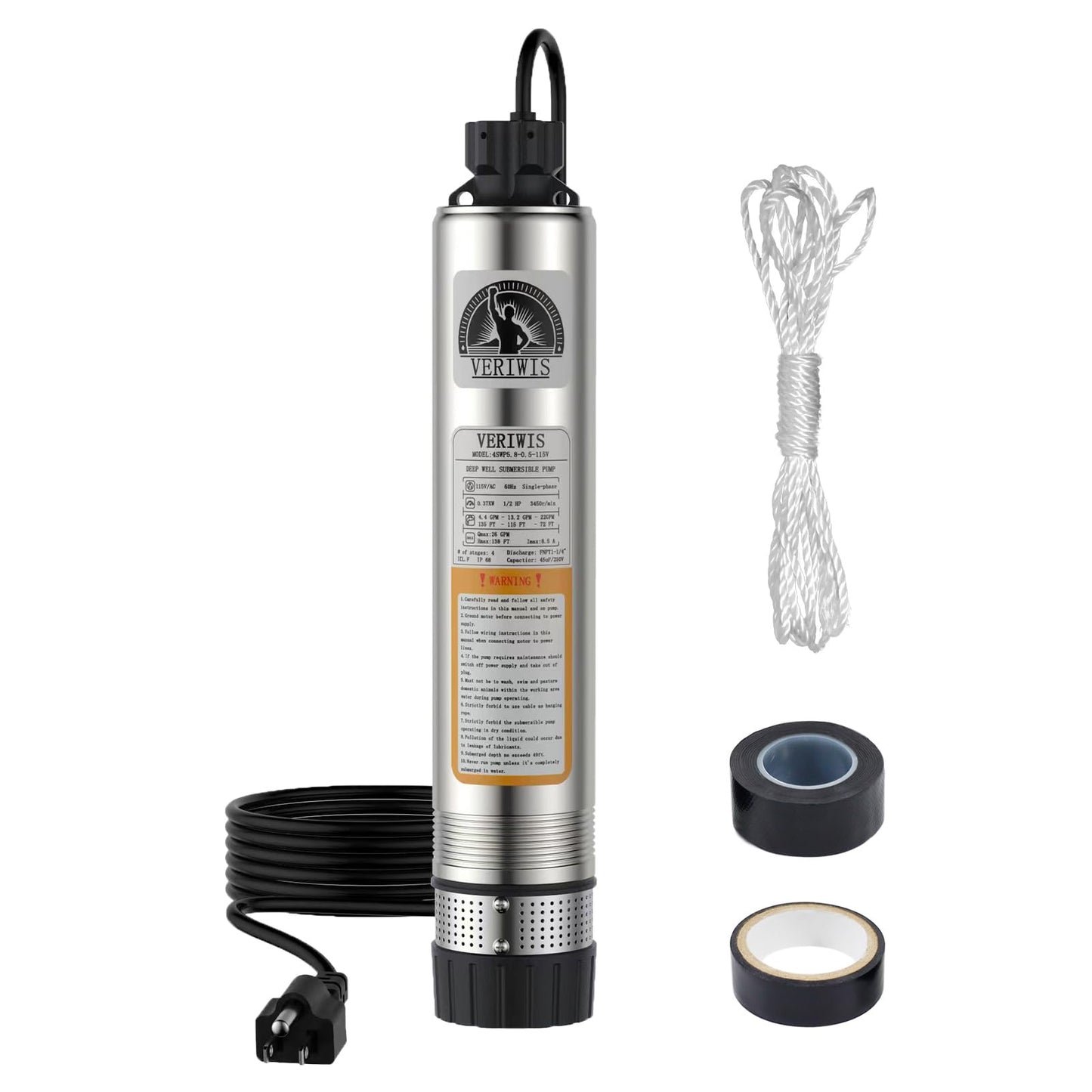 VERIWIS Septic Tank Pump 4" Submersible Effluent Cistern Deep Well Pump with Clog-Resistant Bottom Suction 33FT UL Cord Stainless Steel for Irrigation 26GPM 138FT Head 1/2HP 115V(3-Year Warranty)