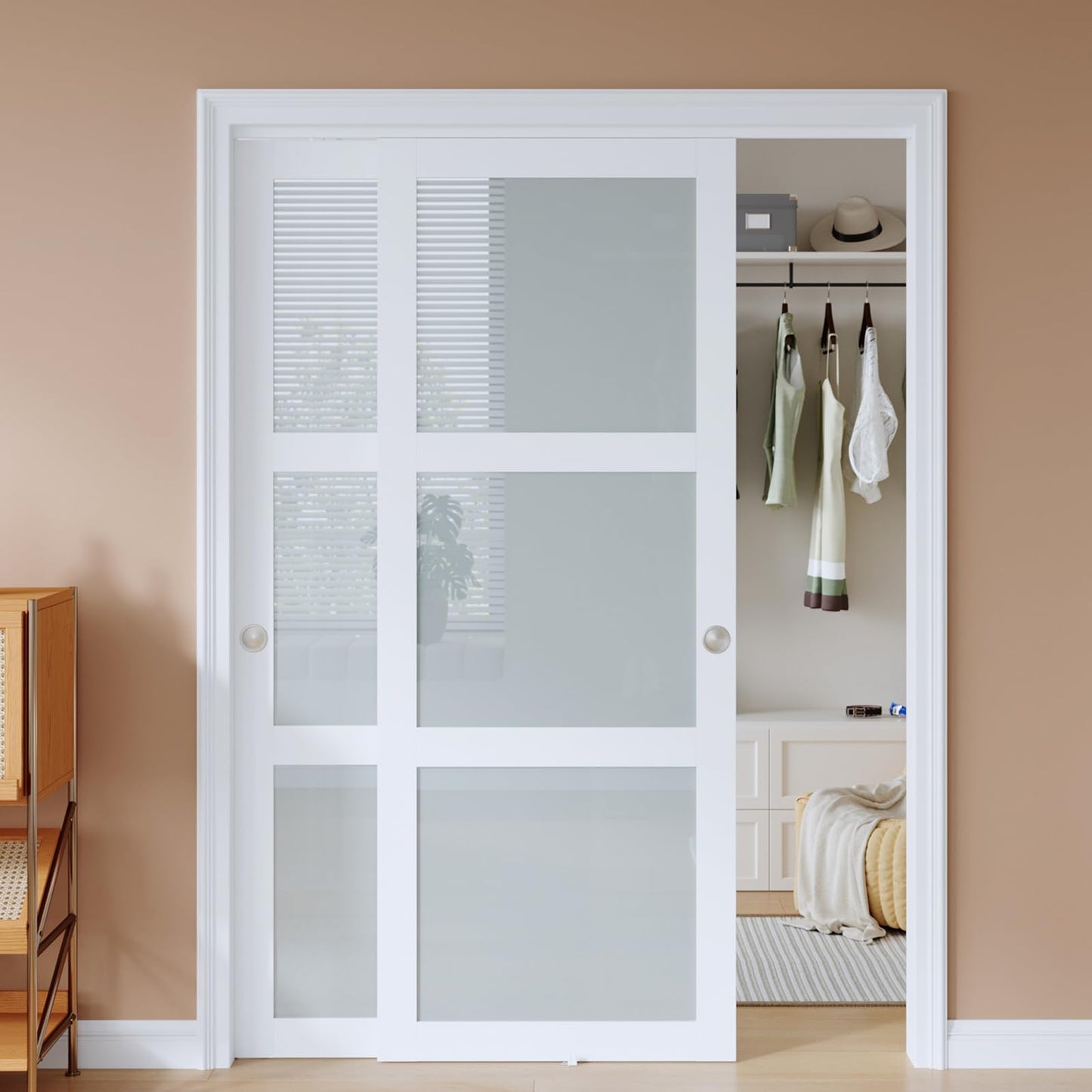EaseLife 56x80 in (Double 29in) Sliding Closet Door for Bedroom, 3-Lite Frosted Glass Sliding Door with Hardware Track Kit & Floor Guide, Preassembled Door Panel, MDF White Pocket Doors
