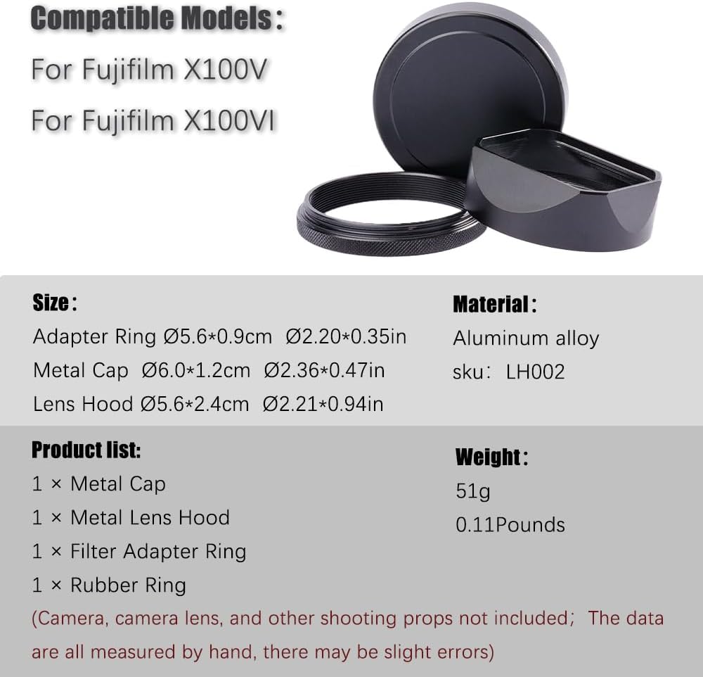 49mm X100V/X100VI (X100VI-Lens Metal Square Lens Hood (with Cap) with Adapter Ring for Fujifilm Camera Accessories