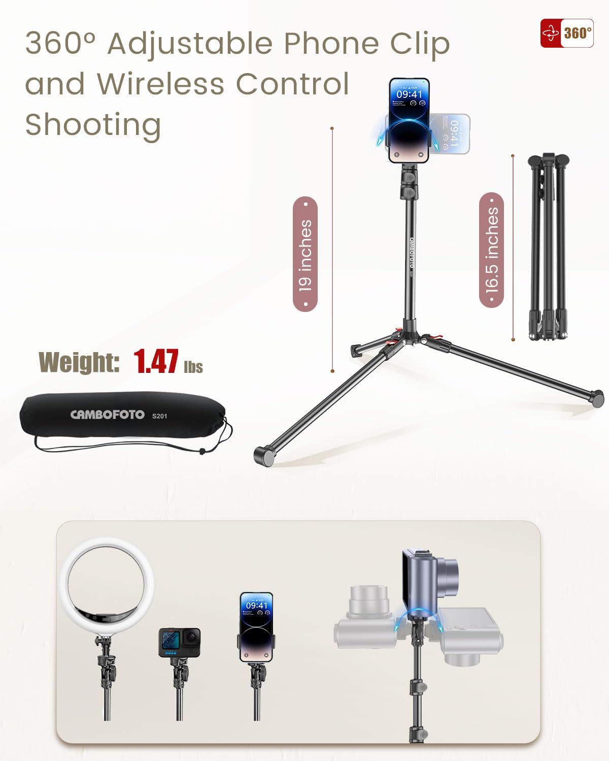 CAMBOFOTO 87" 15.7" 360 Phone Tripod, Overhead Flexible Tall Tripod Stand with Remote, Selfie Stick, Compatible