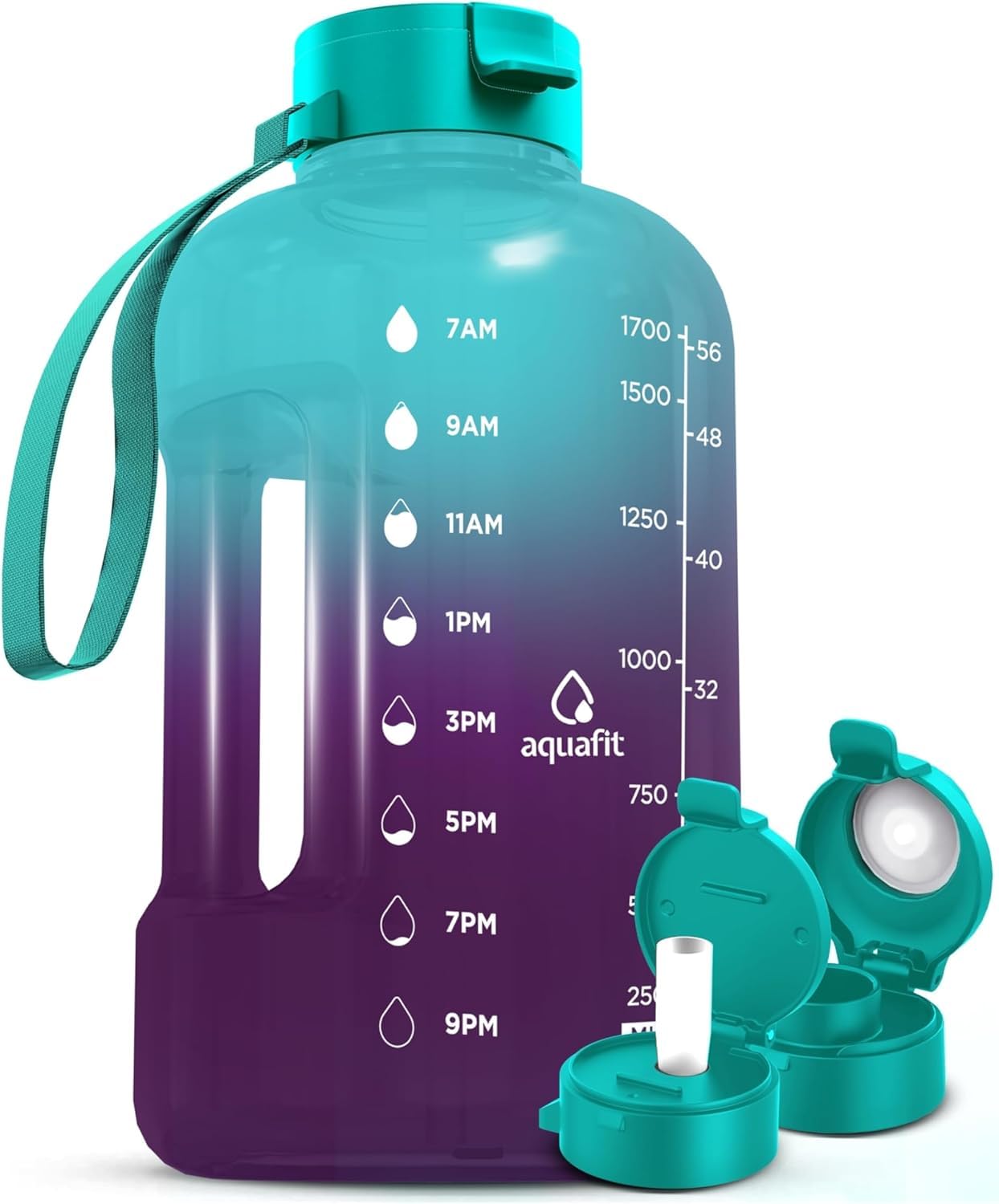 AQUAFIT 64 oz Water Bottle with Time Marker - Straw & Chug Lid - BPA Free Half Gallon Gym Water Bottle with Handle - Big Gallon Jug (Galaxy, 64 Ounces)