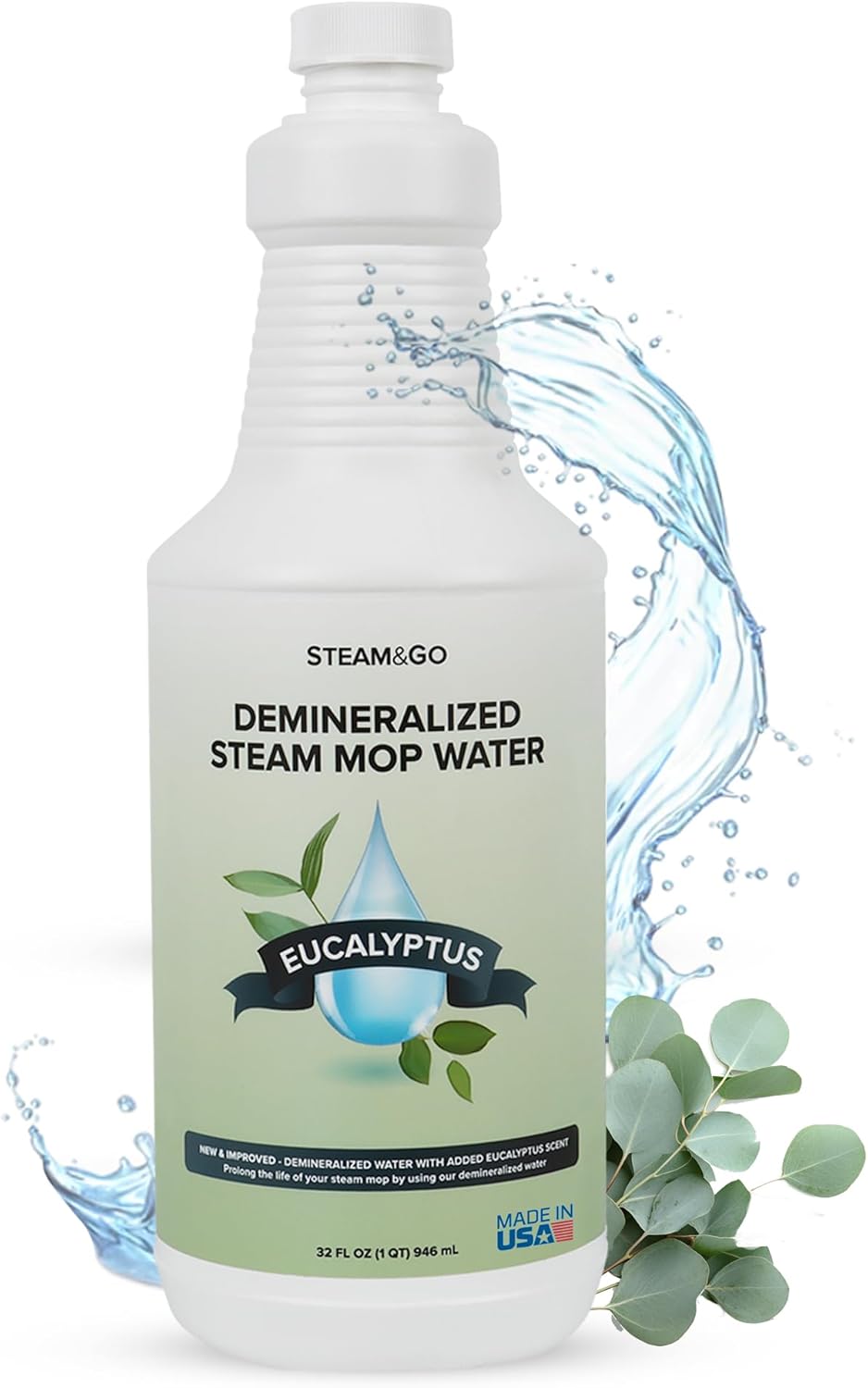 Steam & Go Demineralized Water | Eucalyptus Mint Steam Cleaner Solution, 32 oz - PVC-Free & Ready-to-Use