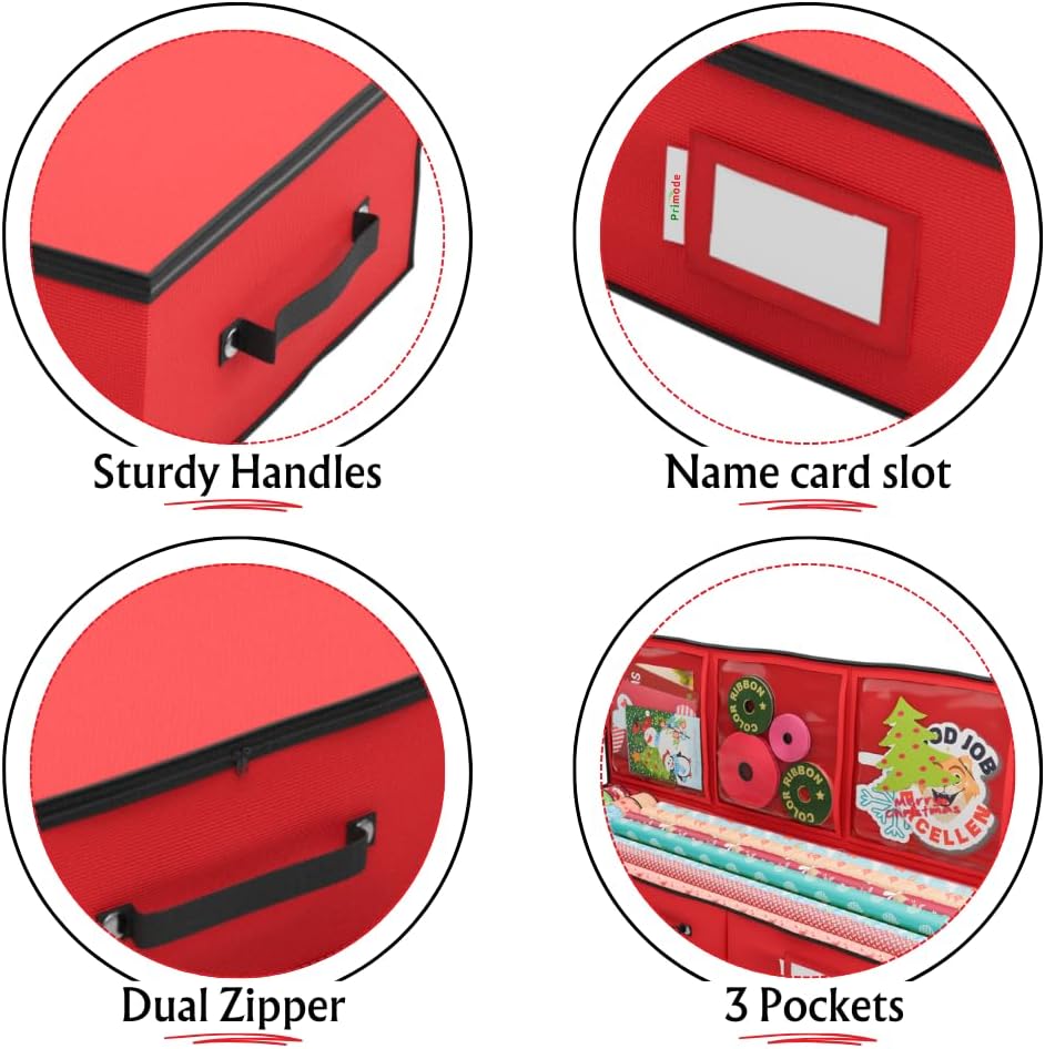 Primode Wrapping Paper Storage Container - Gift Wrap Organizer Under Bed | Fits 18-24 Rolls Up to 40” | 600D Oxford | Red with Pockets for Ribbons and Bows