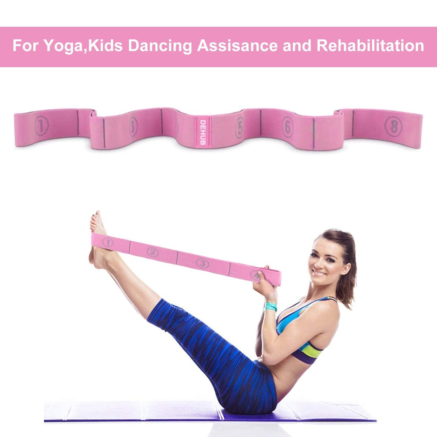 DEHUB Stretch Strap, Elastic Yoga Stretching Strap, Multi-Loop for Physical Therapy, Pilates, Yoga, Dance & Gymnastics Exercise and Flexible Pilates Stretch Band