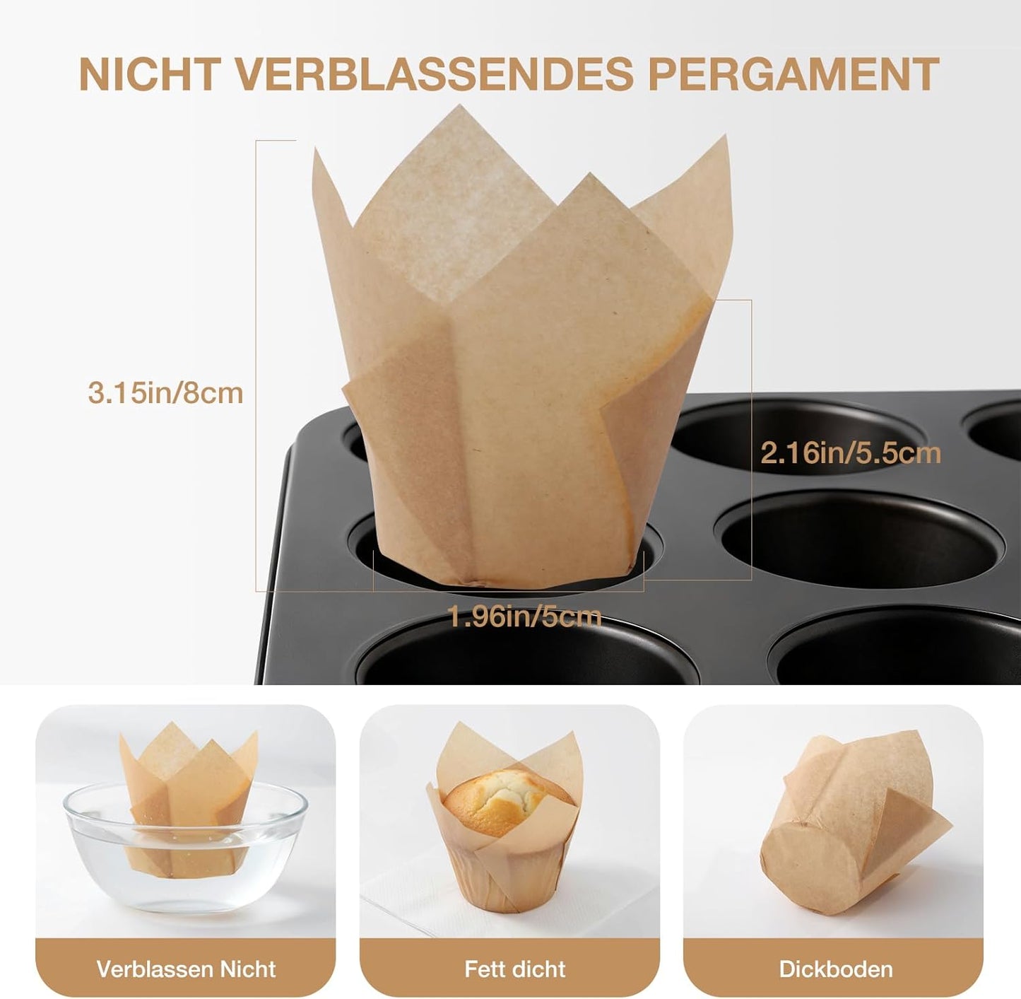 Skiennix Tulip Cupcake Liners - 200 Pcs Greaseproof Baking Cups for Parties & Events | Natural
