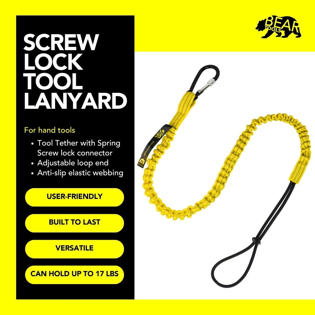 BearTOOLS Tool Lanyard with Buckle Strap – Clip Bungee Cord – Heavy Duty Screw Locking Connector – Fall Protection and Safety – Adjustable Loop End – Tough Tether – Construction - 09220YS (20 Pack)