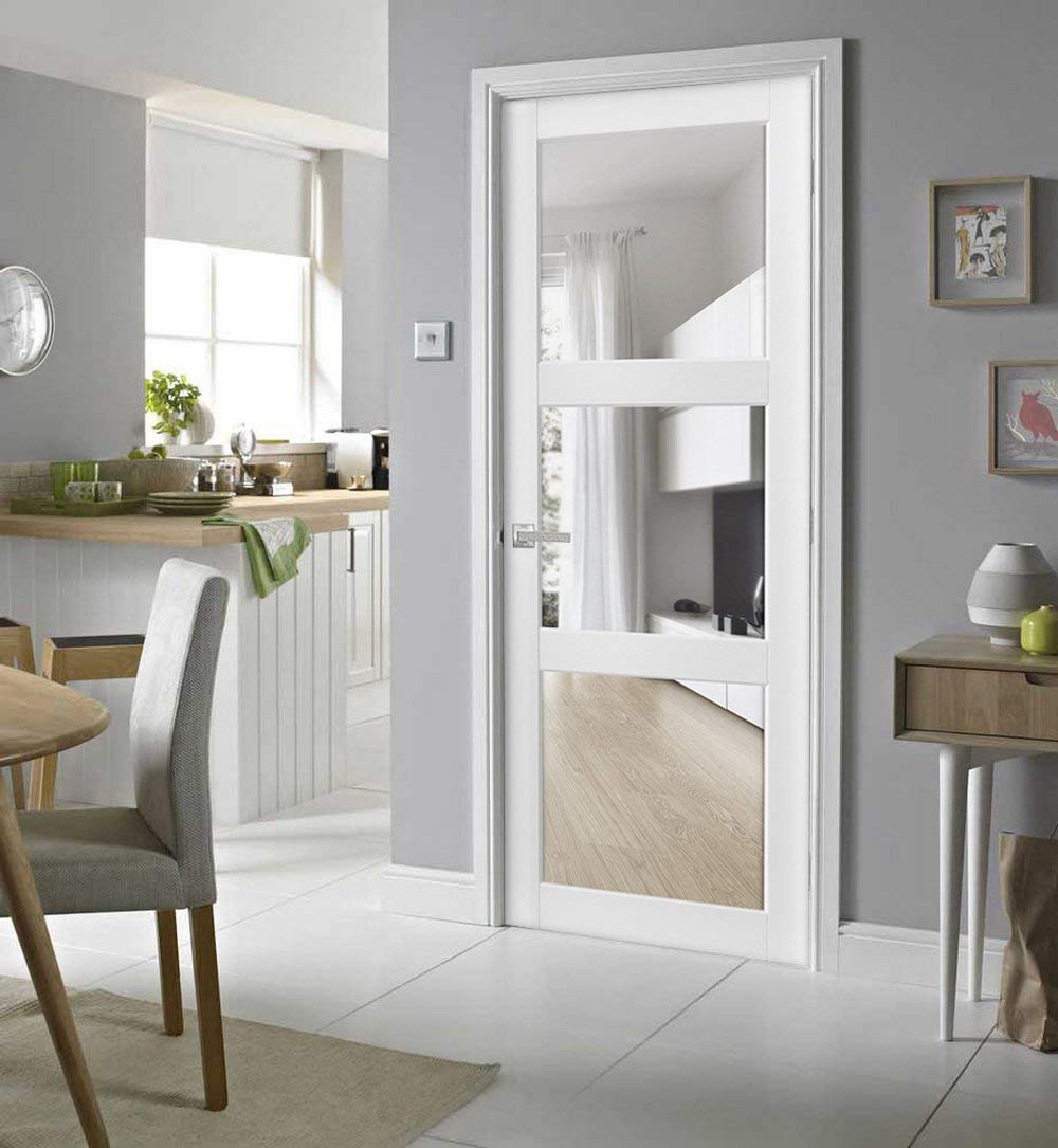 SARTODOORS Solid French Door Clear Glass 3 Lites 32x96 inches | Lucia 2555 Matte White | Single Regular Panel Frame Trims Handle | Bathroom Bedroom Sturdy Doors