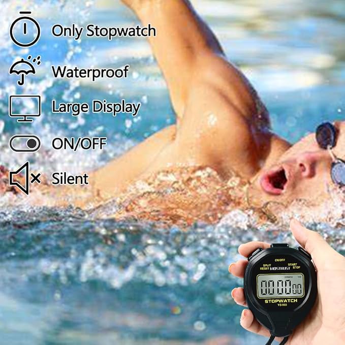 Digital Simple Stopwatch, 1/30 Lap Basic Stopwatch, No Bells, No Clock, No Alarm, Silent, Child Friendly, ON/Off for Swimming Coaches Kids