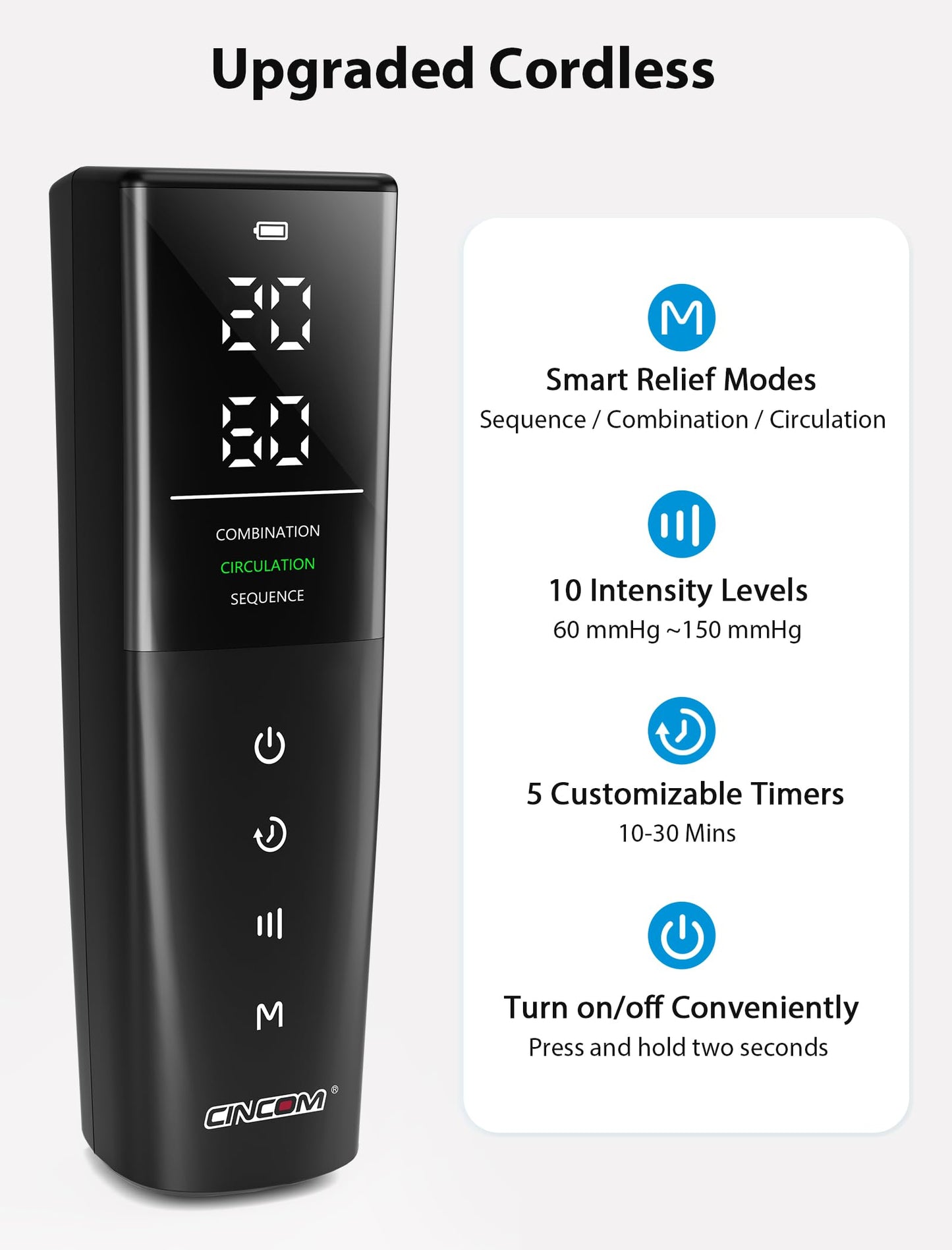 CINCOM Cordless Air Compression Massager - Rechargeable Leg & Foot Boots with 3 Modes, 10 Intensity Levels, 5 Timer Settings for Circulation, Pain Relief, Edema, RLS & Recovery