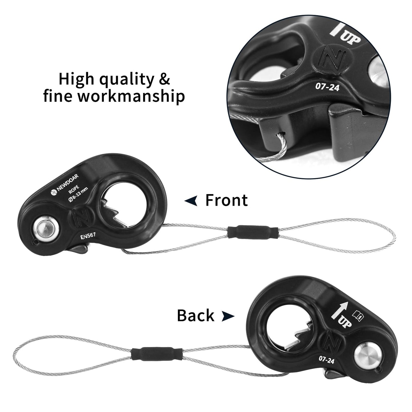 NewDoar Rope Ascender Lightweight Rope Clamp Ascender Riser Adjuster Fits 8-13mm Rope Self-Locking Grip for Rock Climbing,Protection Rescue,Rappelling,Gear Equipment(Black,Serrated Teeth)
