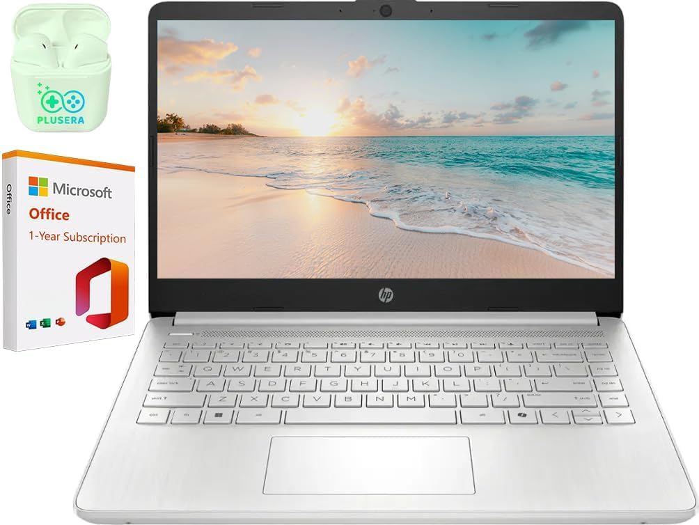 HP 14" Business Laptop Computer with 1-Year Office 365, Intel Quad-Core N150 Processor, 16GB RAM 640GB Storage (128GB UFS+512GB SD Card), Windows 11 S, PLUSERA Earphones, Natural Silver