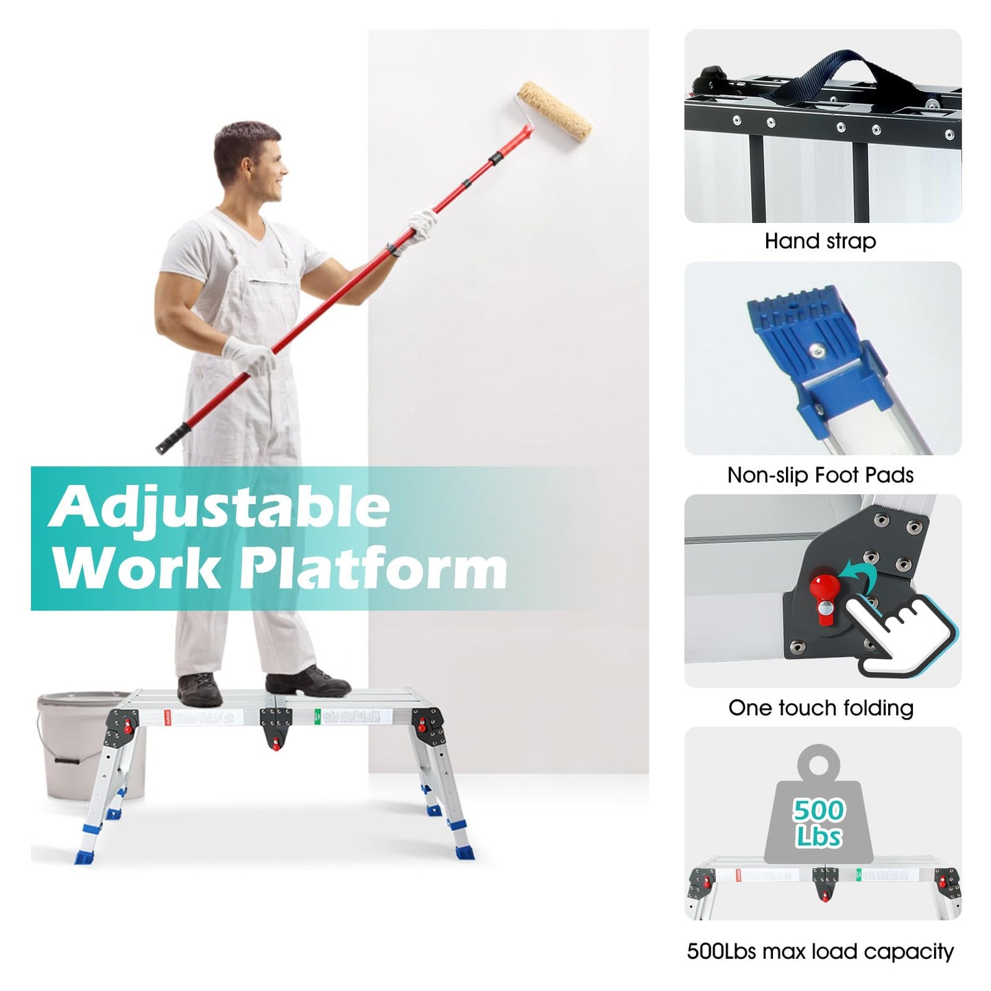LEADALLWAY Portable Work Platform Height Adjustment and Lightweight 4 Step Closet Step Ladder