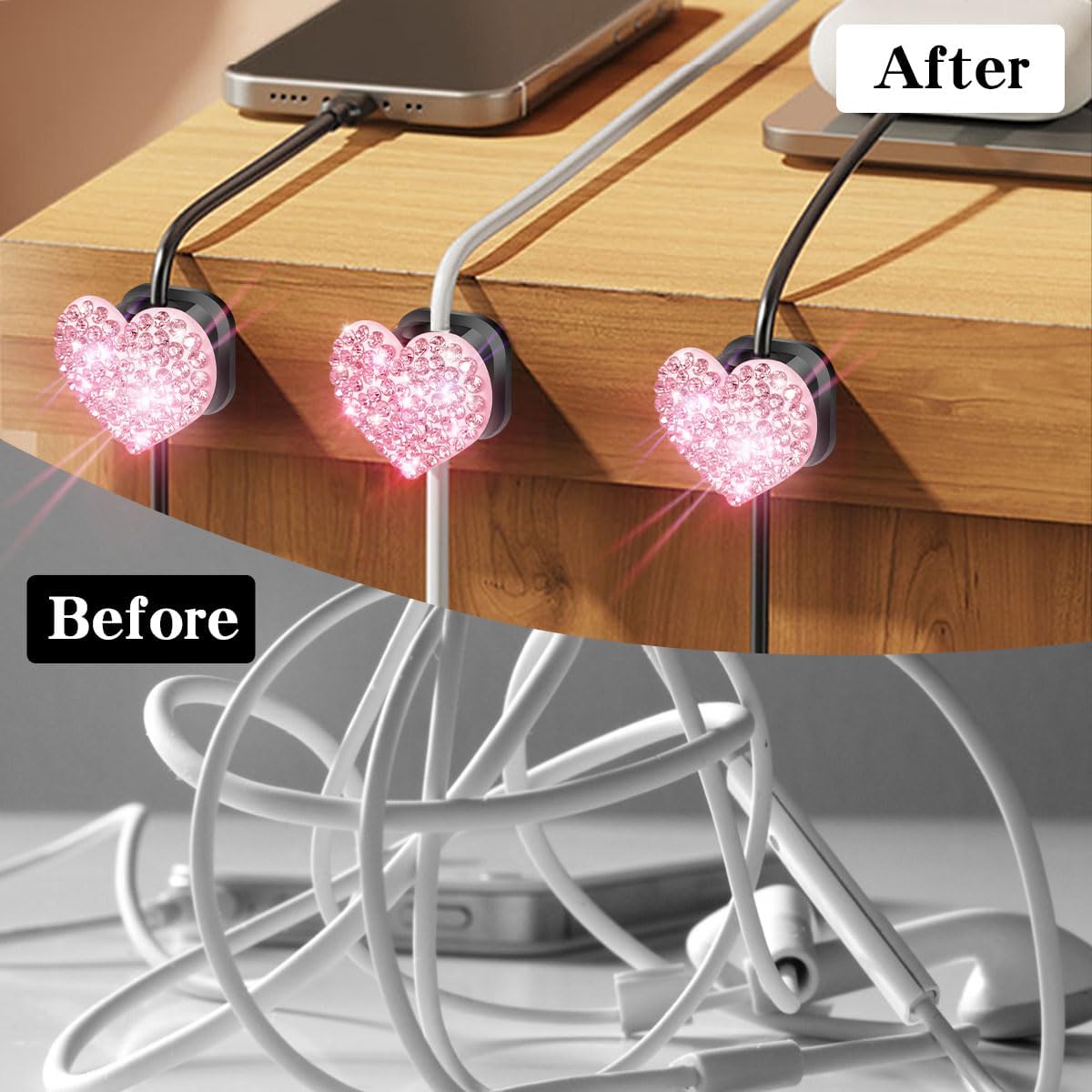 Mifoneix 4 Pack) Bling Cord Organizer Holder,Heart Shape Magnetic Cable Clips with Strong AdhesiveDesk Cable Holder