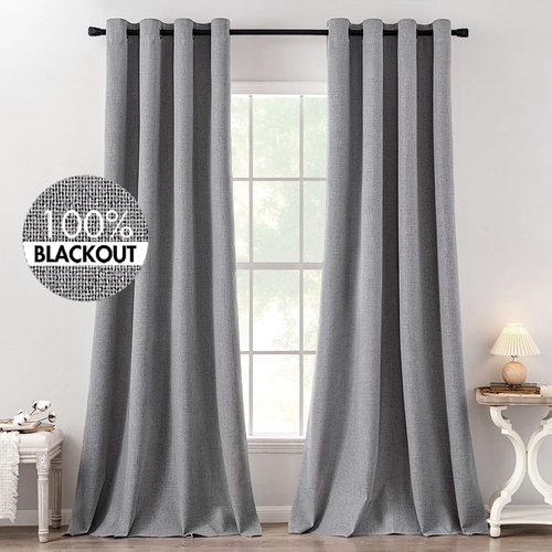MIULEE Blackout Curtains - 100% Thermal Insulated Grey Linen Texture Drapes | 52x120 Inch (2 Panels)